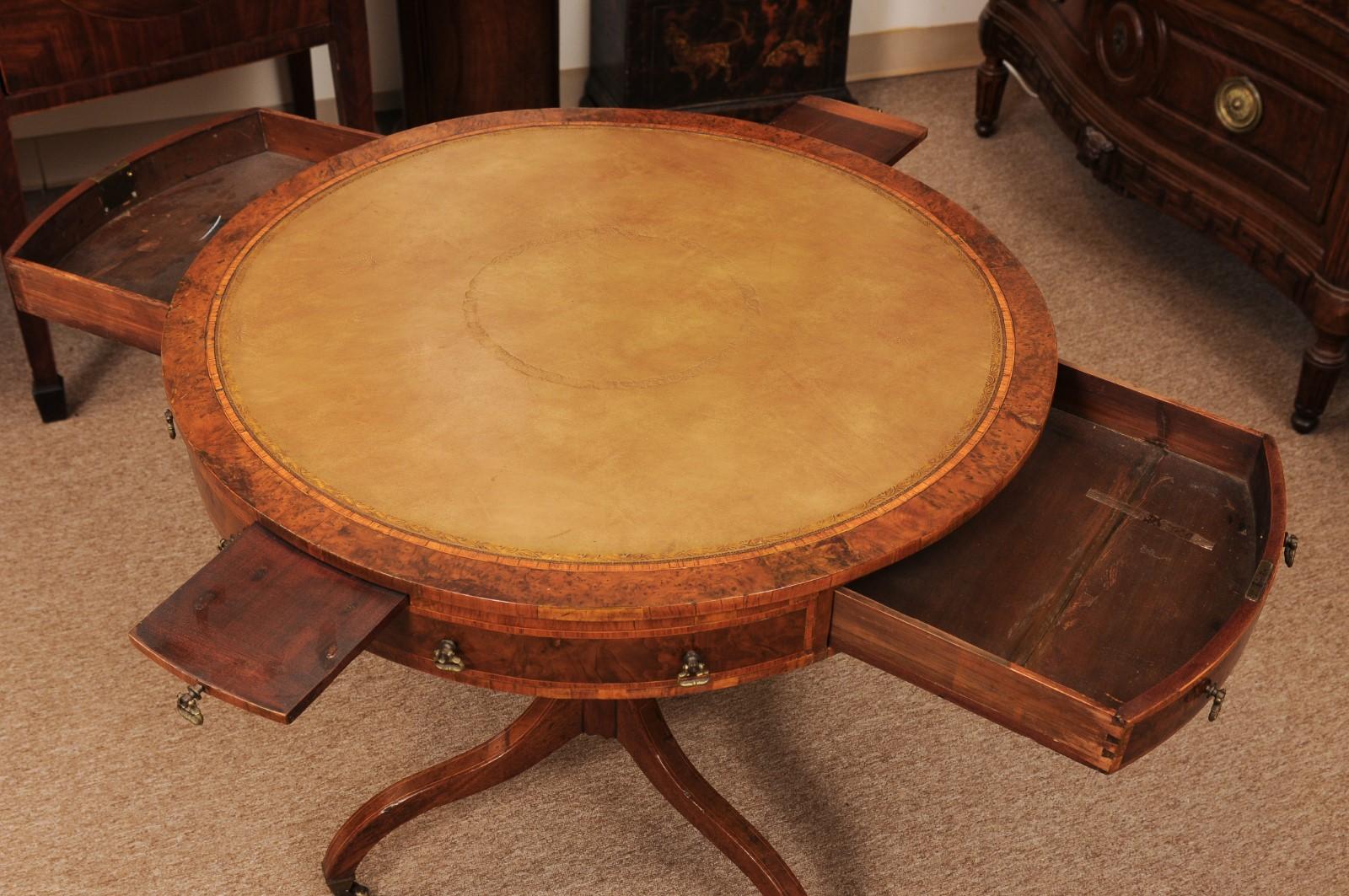 18th Century English Small Mulberry Drum Table with Inlay & Leather Top For Sale 2