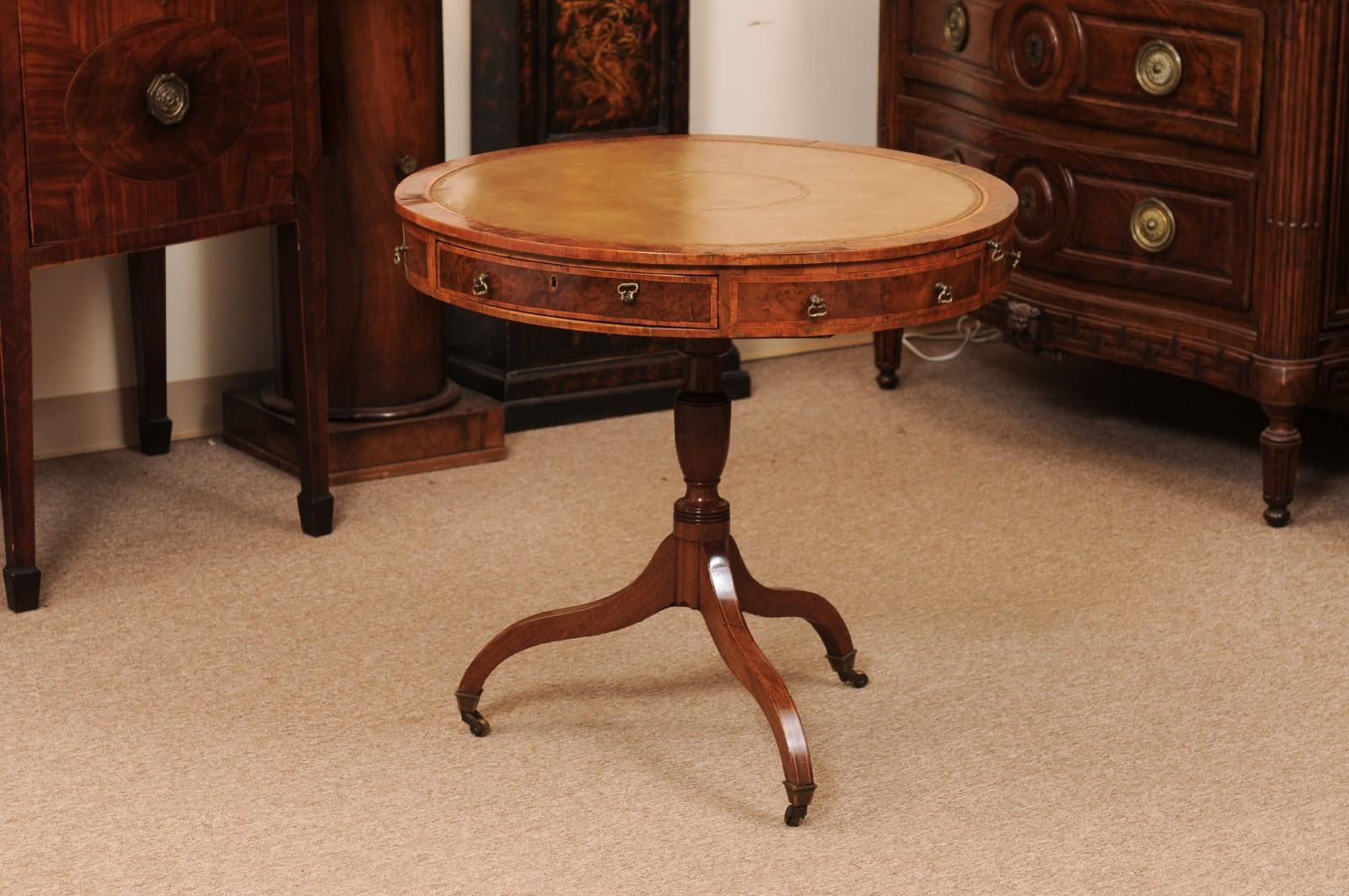 18th Century English Small Mulberry Drum Table with Inlay & Leather Top For Sale 3