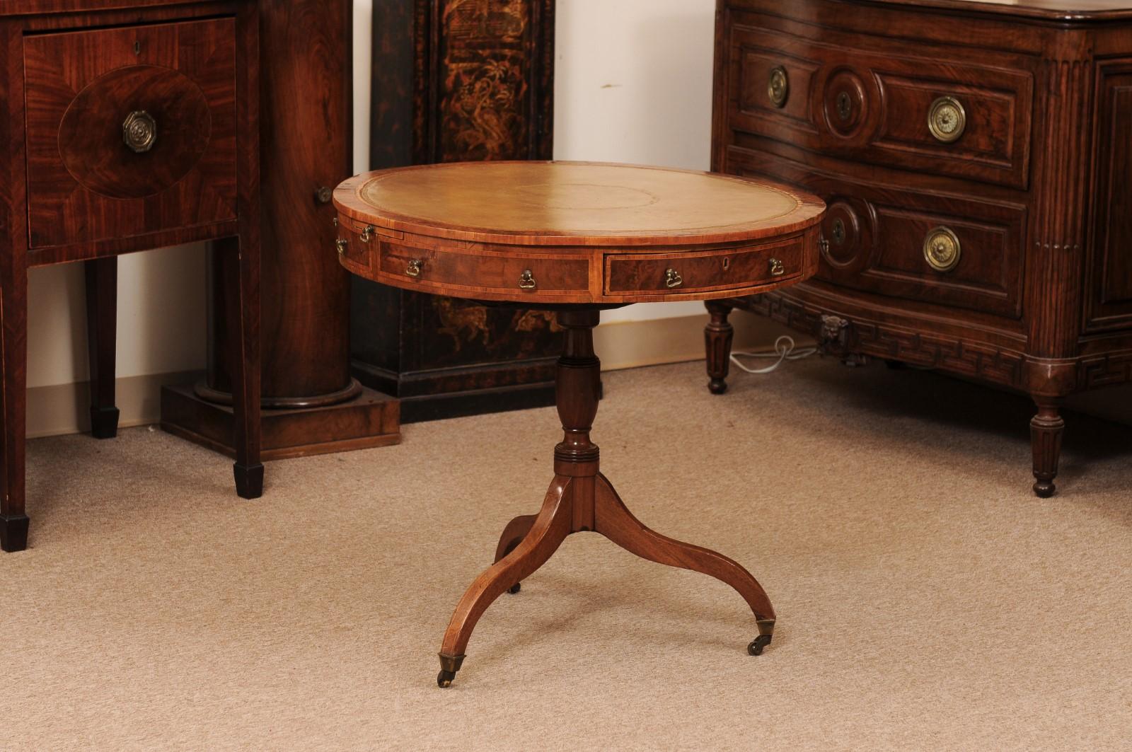 18th Century English Small Mulberry Drum Table with Inlay & Leather Top For Sale 5
