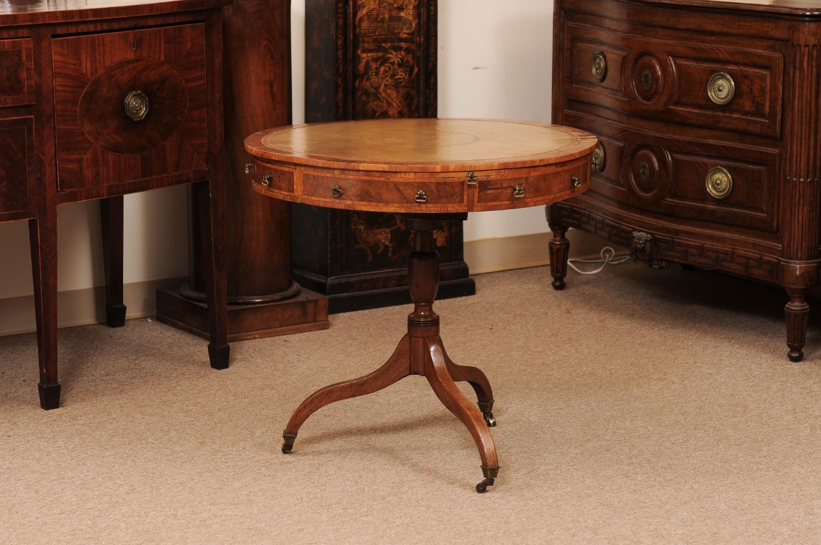 18th Century English Small Mulberry Drum Table with Inlay & Leather Top For Sale 6