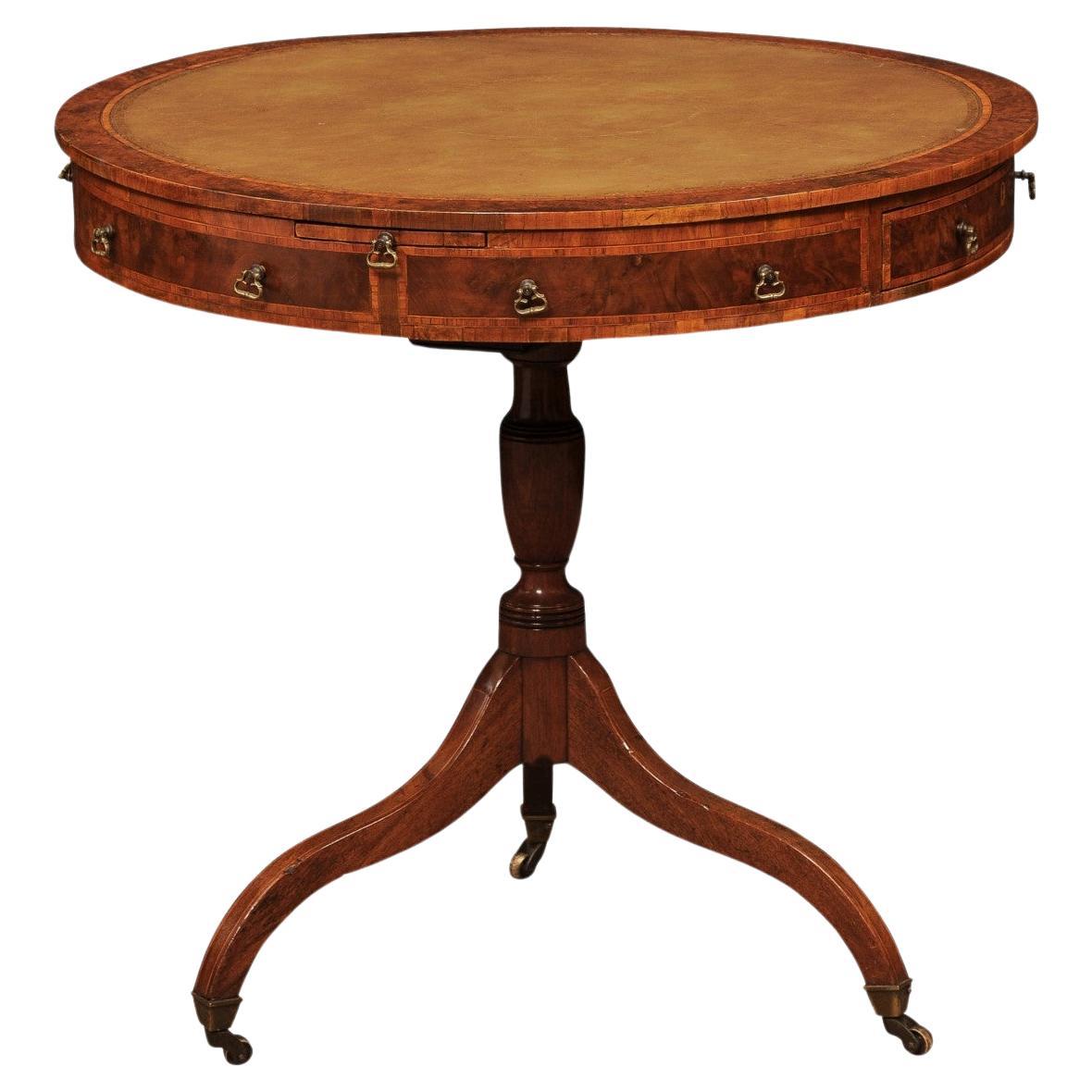 18th Century English Small Mulberry Drum Table with Inlay & Leather Top For Sale