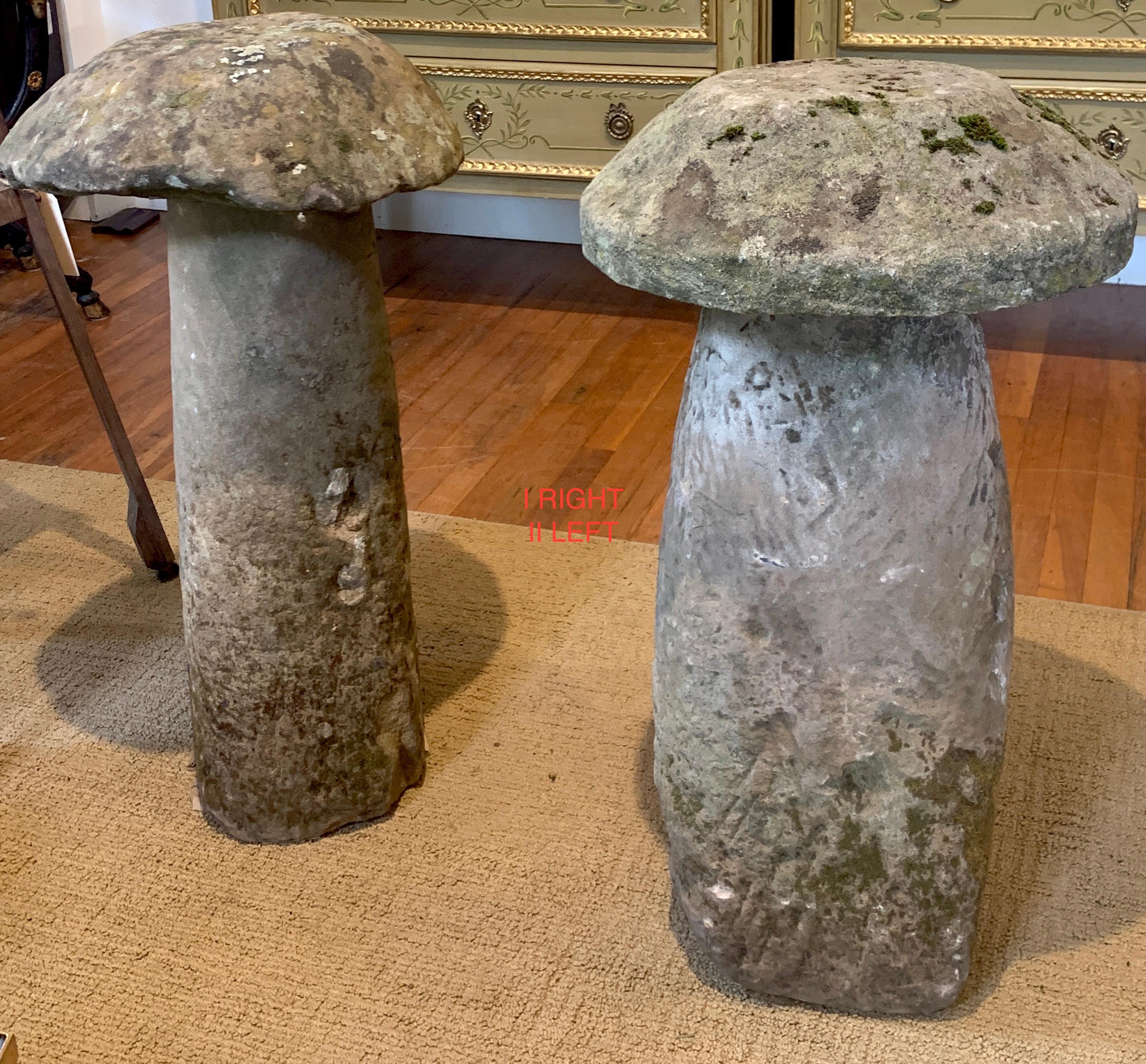 18th century English staddle stone, I & II available 
Gorgeous examples, each one in two parts, resembling 'Mushrooms' beautiful patina, size and shape.
Sold Individually, Please indicate at purchase which one I or II or both. 

Staddle stone I
