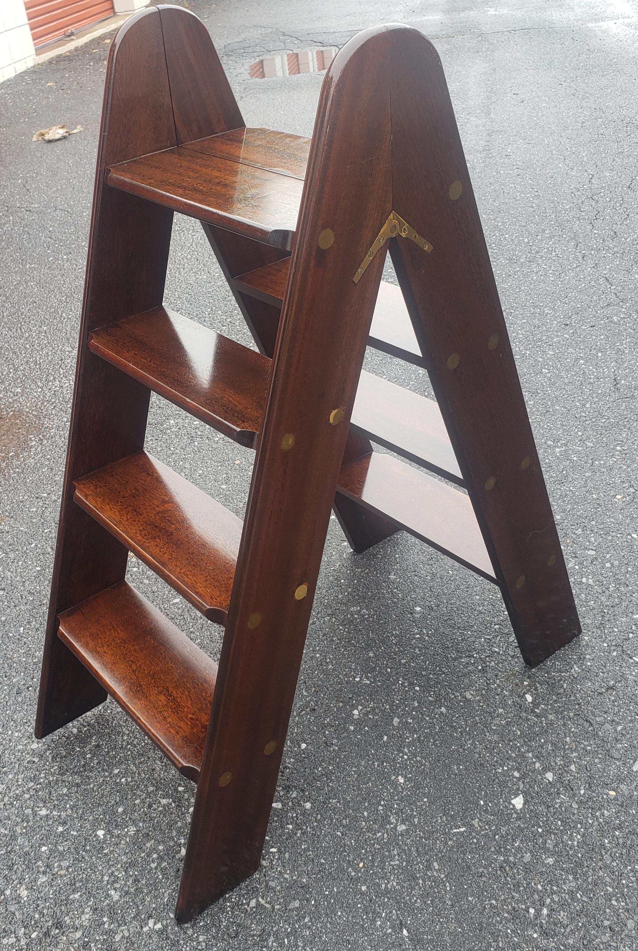 Stained 18th Century English Style Mahogany and Brass Library Steps Ladder