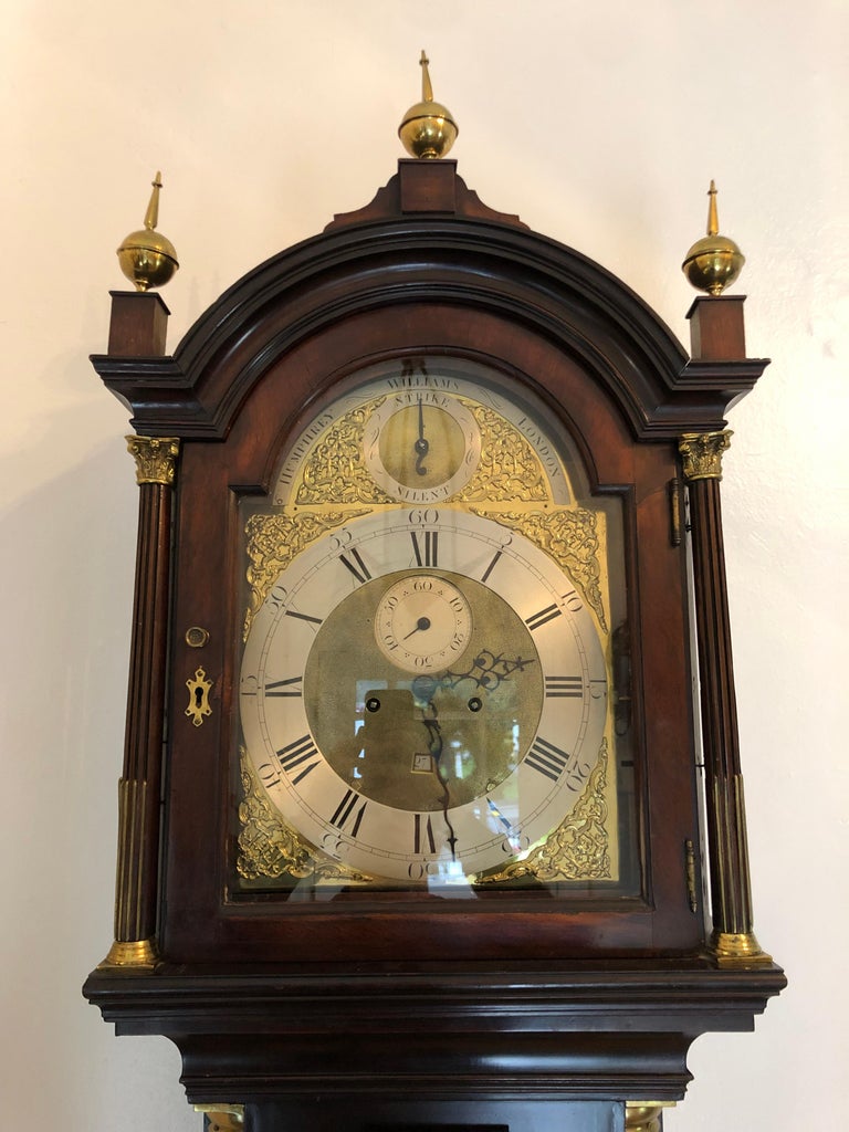 18th Century English Tall Case Grandfather Clock, Brass Face, Mahogany