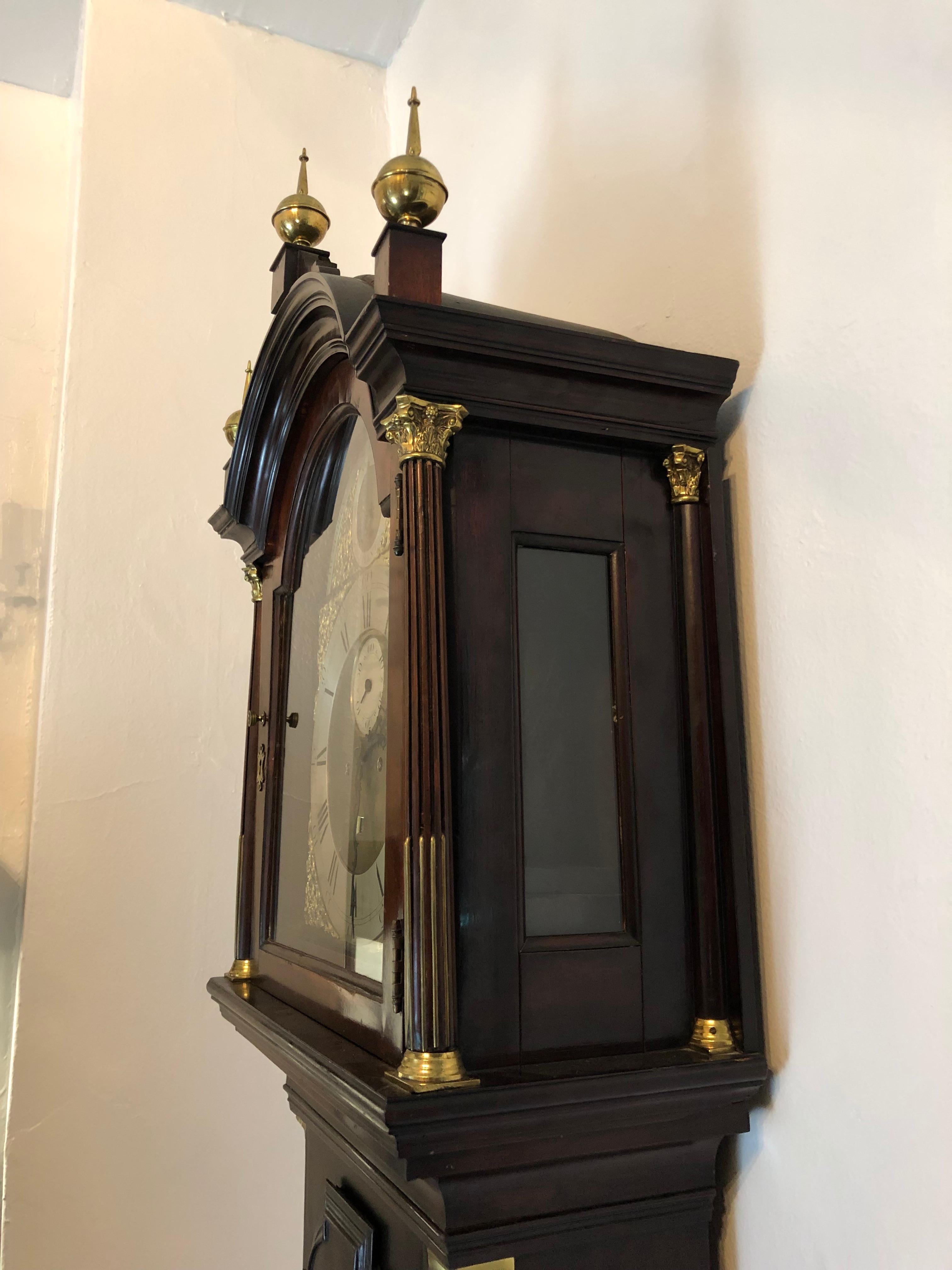 Chippendale 18th Century English Tall Case Grandfather Clock, Brass Face, Mahogany, London For Sale