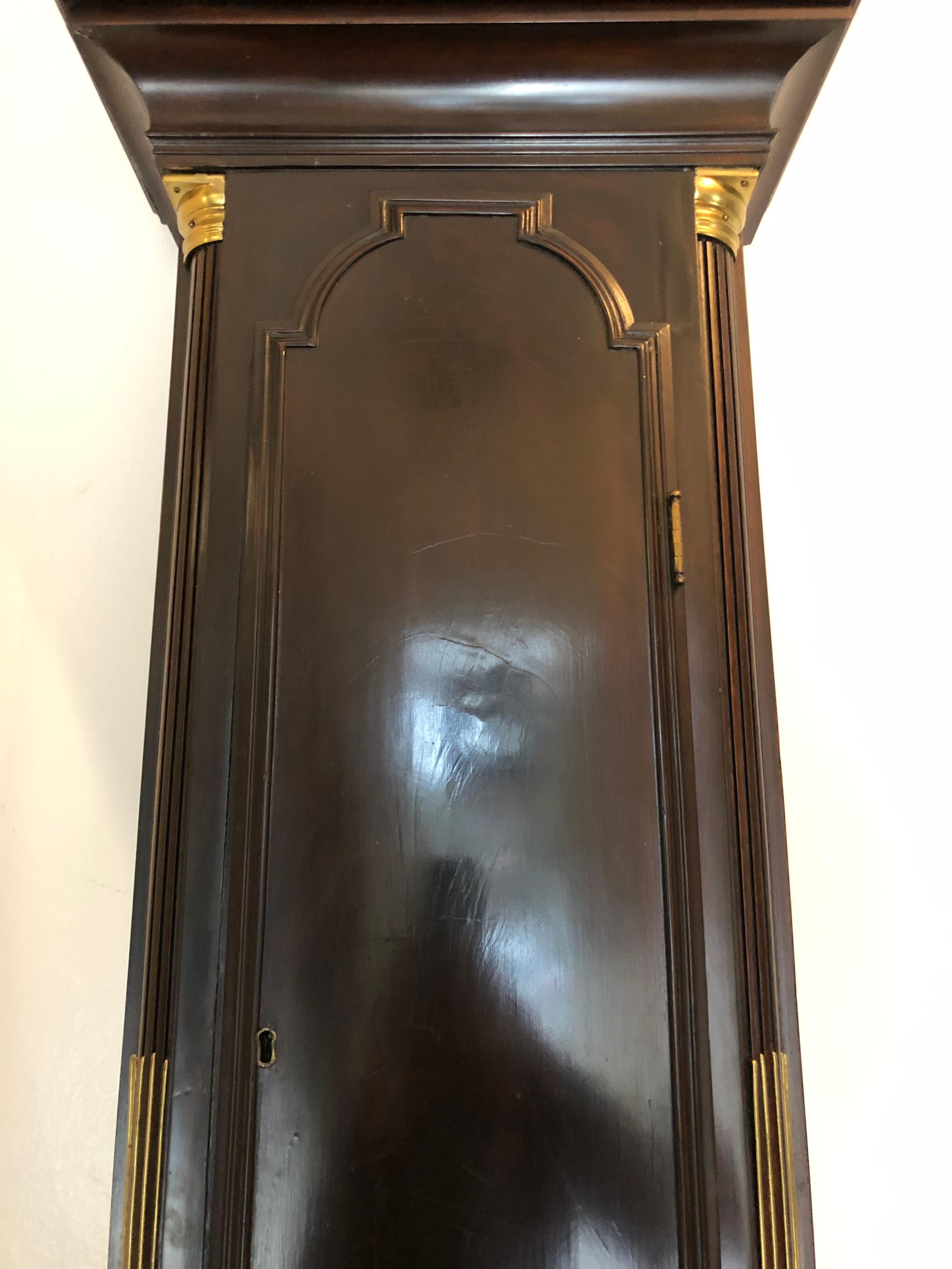 18th Century English Tall Case Grandfather Clock, Brass Face, Mahogany, London For Sale 1