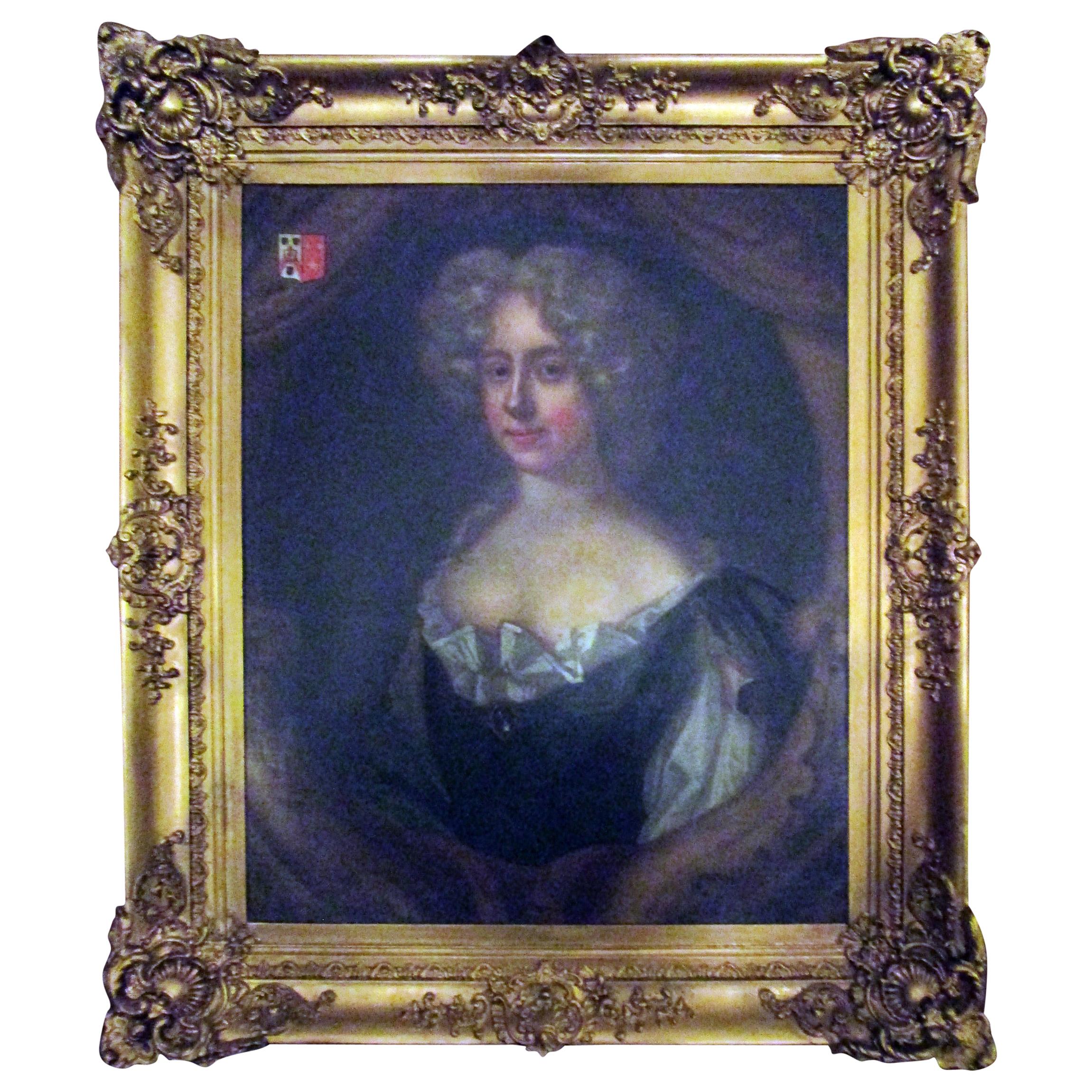18th Century English Titled Lady with Coat of Arms Framed Oil Portrait Painting