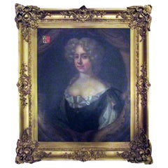 Antique English Titled 18th c Lady with Coat of Arms  Portrait  Oil Painting Gilt Frame