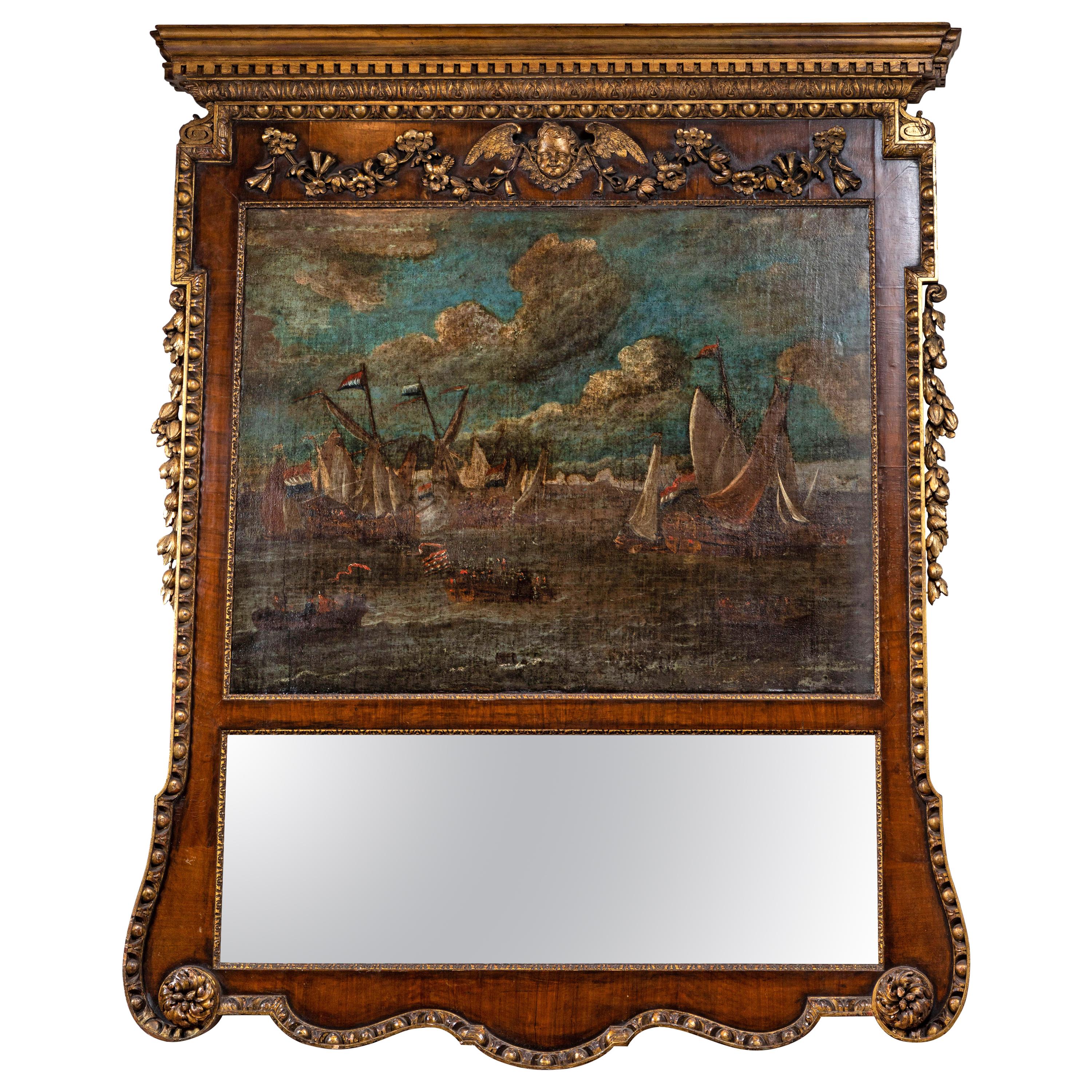 Miroir Trumeau anglais du 18ème siècle avec peinture à l'huile
