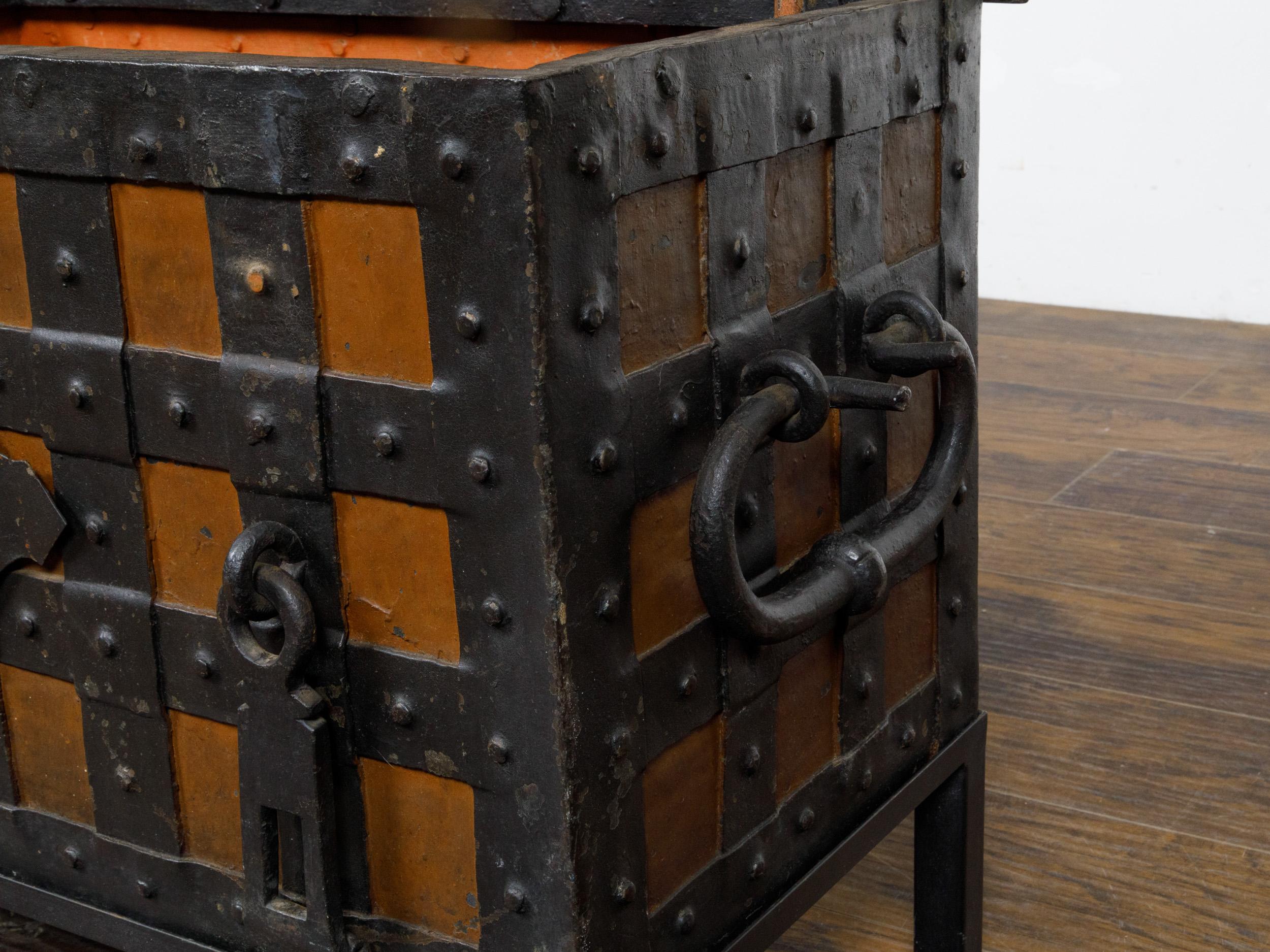 18th Century English Two-Toned Wrought Iron and Wood Sea Chest on Metal Legs For Sale 12