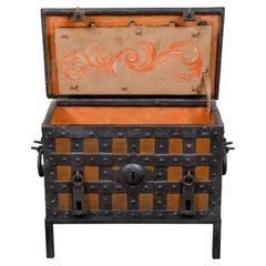 Antique 18th Century English Two-Toned Wrought Iron and Wood Sea Chest on Metal Legs