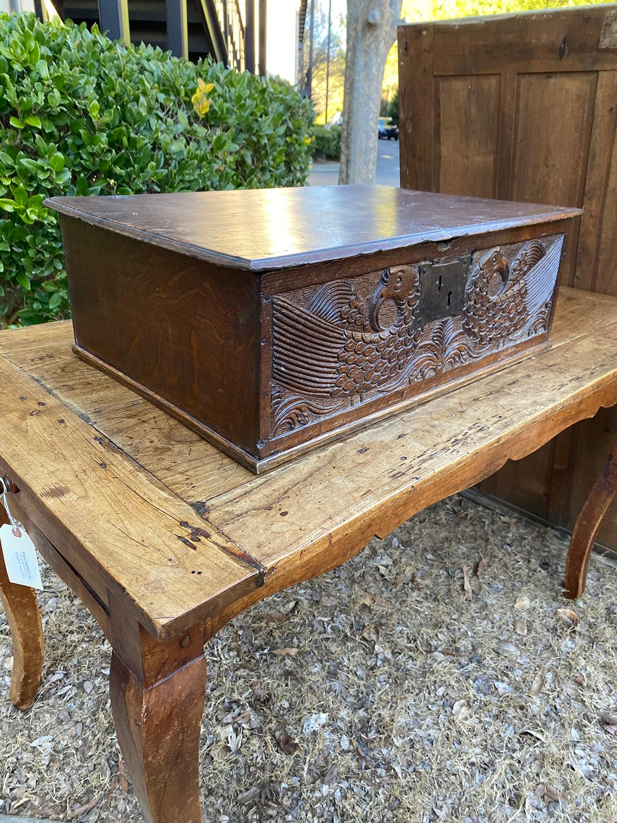 Hand-Carved 18th Century English Walnut Bible Box with Bird Motif For Sale