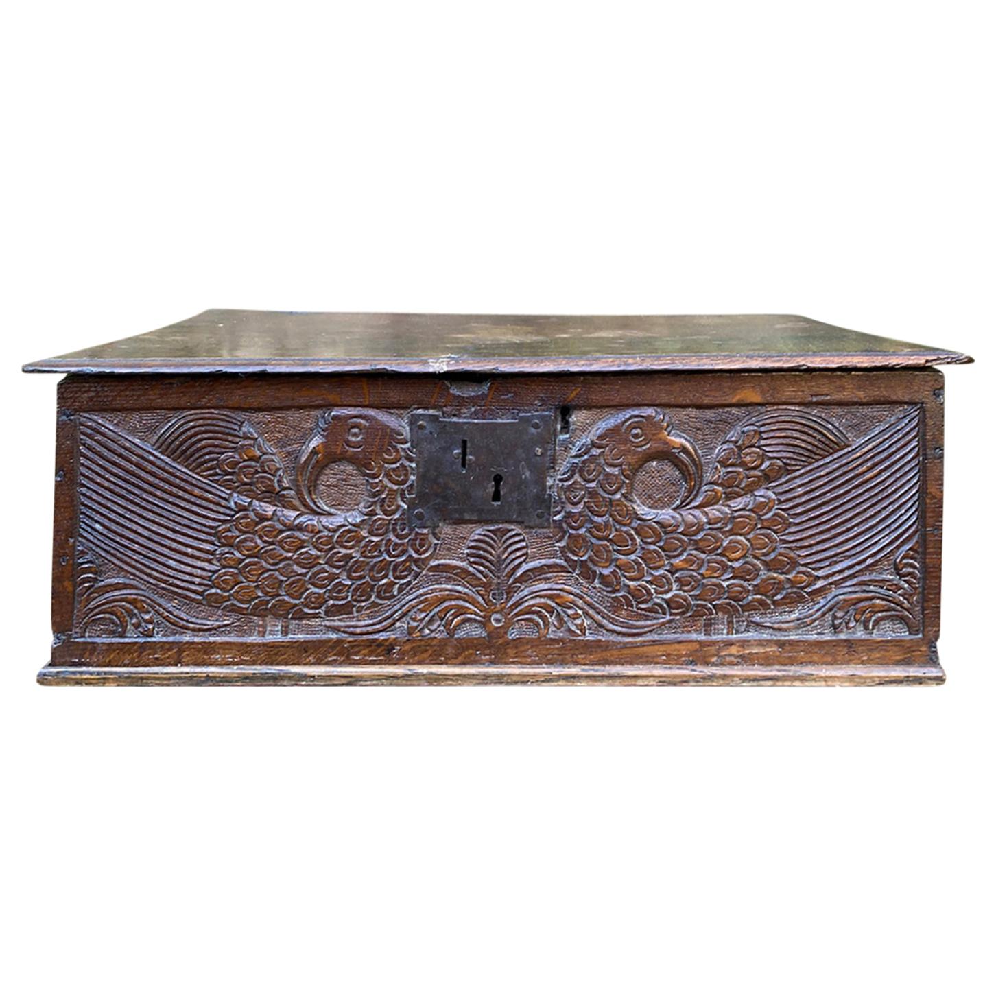 18th Century English Walnut Bible Box with Bird Motif