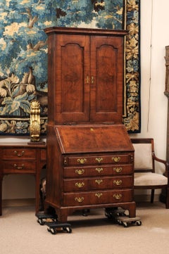 18th Century English Walnut Bureau Bookcase with Blind Doors