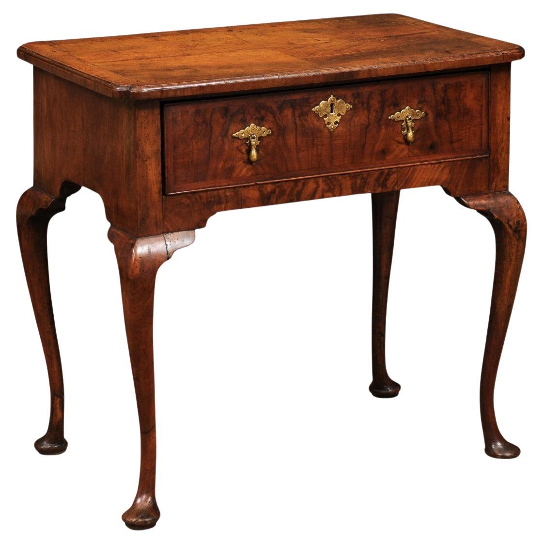 18th Century English Walnut Lowboy with 1 Drawer, Cabriole Legs & Pad Foot For Sale
