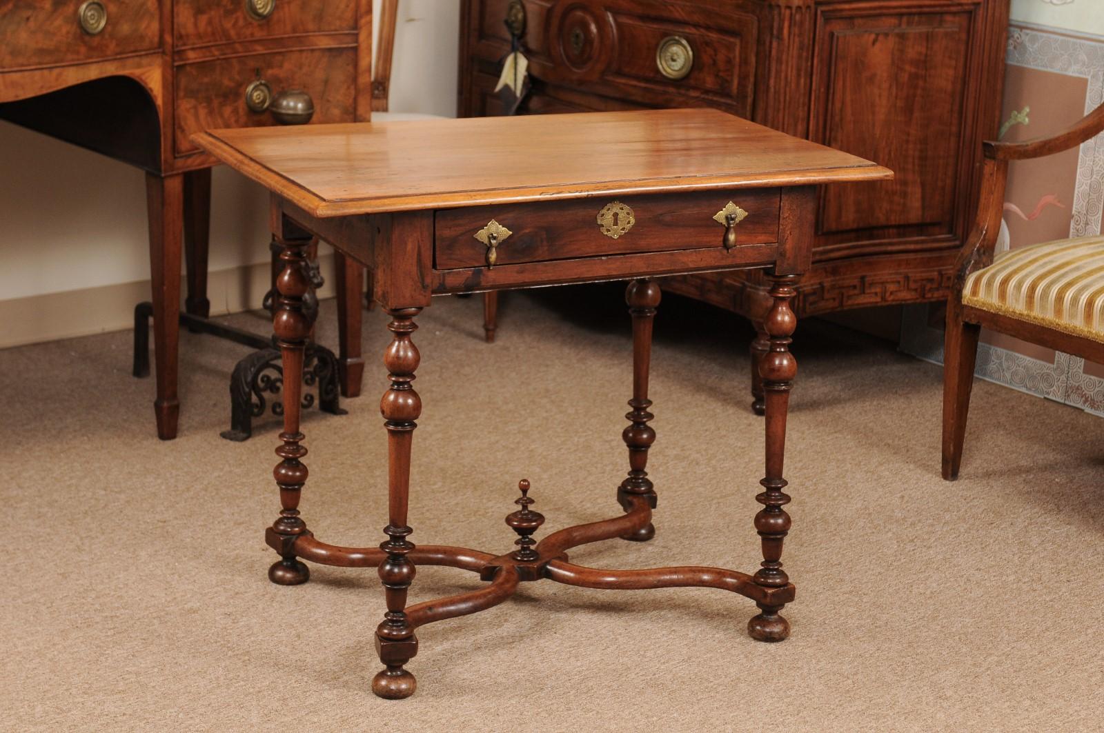 Walnut side table with one (1) drawer, turned legs, and X-form stretcher featuring finial, 18th century, England.