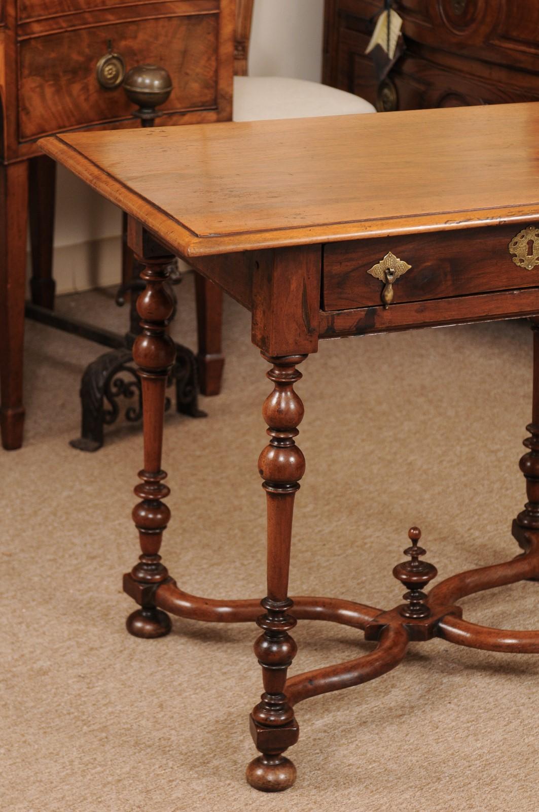 18th Century and Earlier 18th Century English Walnut Side Table with Drawer, Turned Legs & X-Stretcher