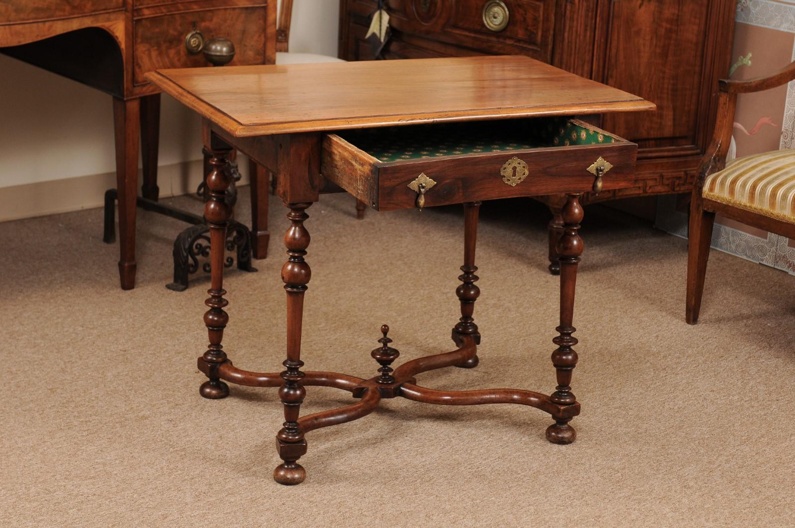 18th Century English Walnut Side Table with Drawer, Turned Legs & X-Stretcher 1