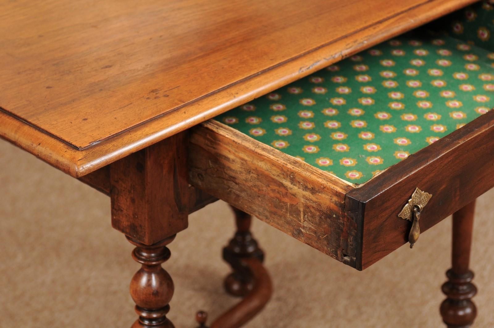 18th Century English Walnut Side Table with Drawer, Turned Legs & X-Stretcher 2