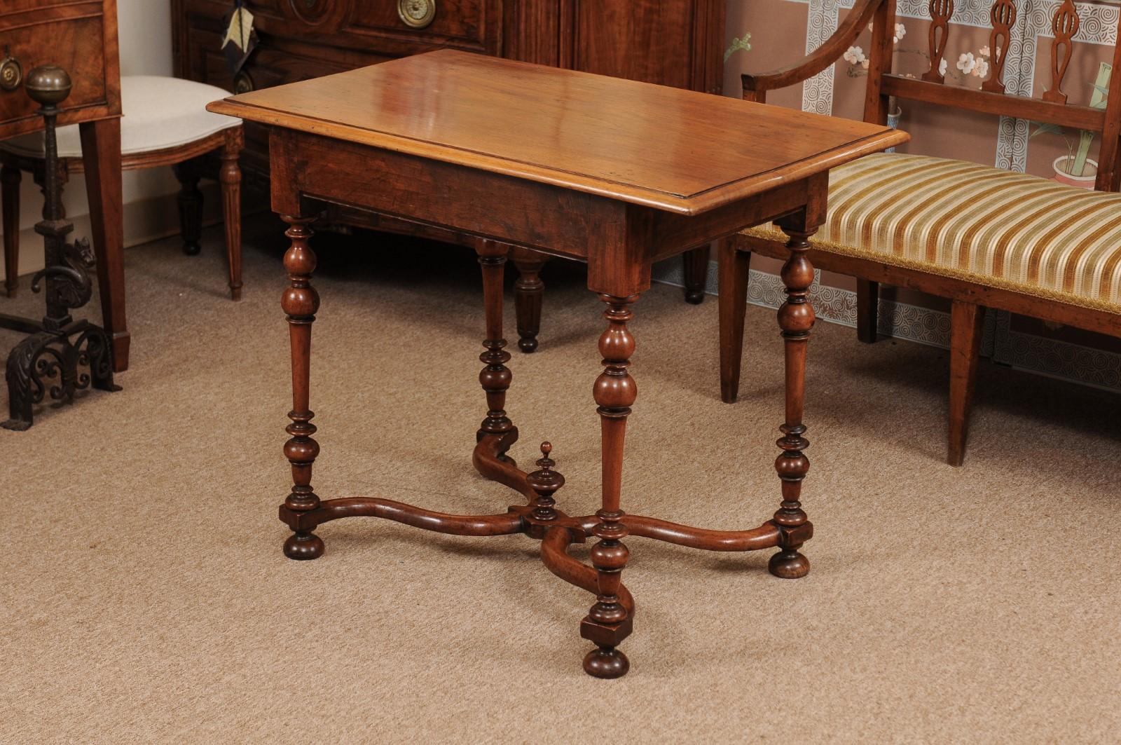 18th Century English Walnut Side Table with Drawer, Turned Legs & X-Stretcher 5