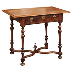18th Century English Walnut Side Table with Drawer, Turned Legs & X-Stretcher