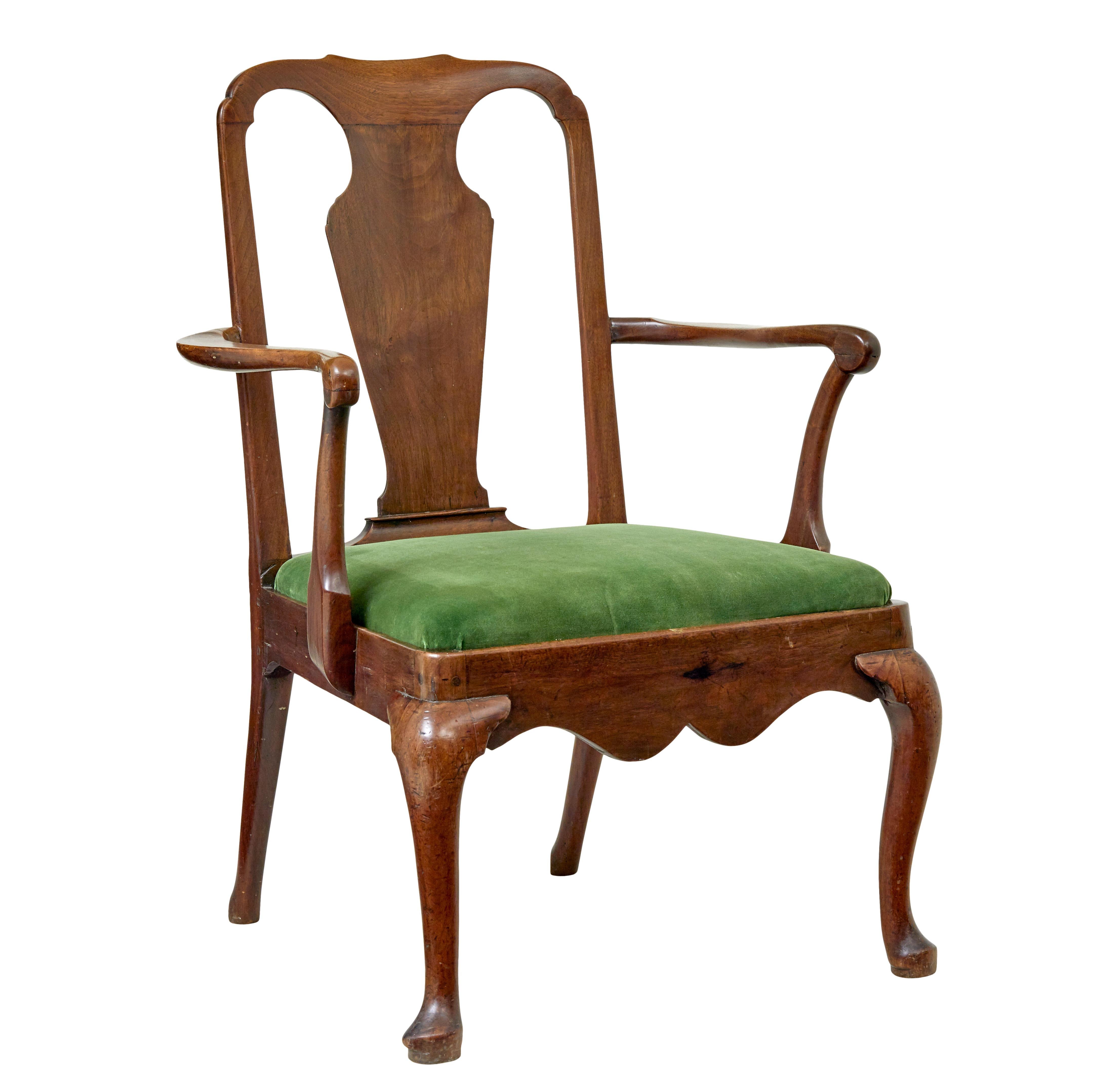 18th century English walnut armchair of generous proportions circa 1760.

We are pleased to present this local find and fine quality example of English furniture making.

Made from solid walnut in the slightly earlier Queen Anne taste with it's