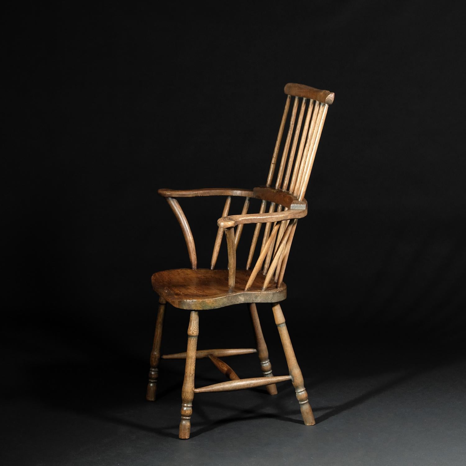 Hand-Carved 18th Century English West Country Comb Back Windsor Chair, Primitive Rustic, Elm