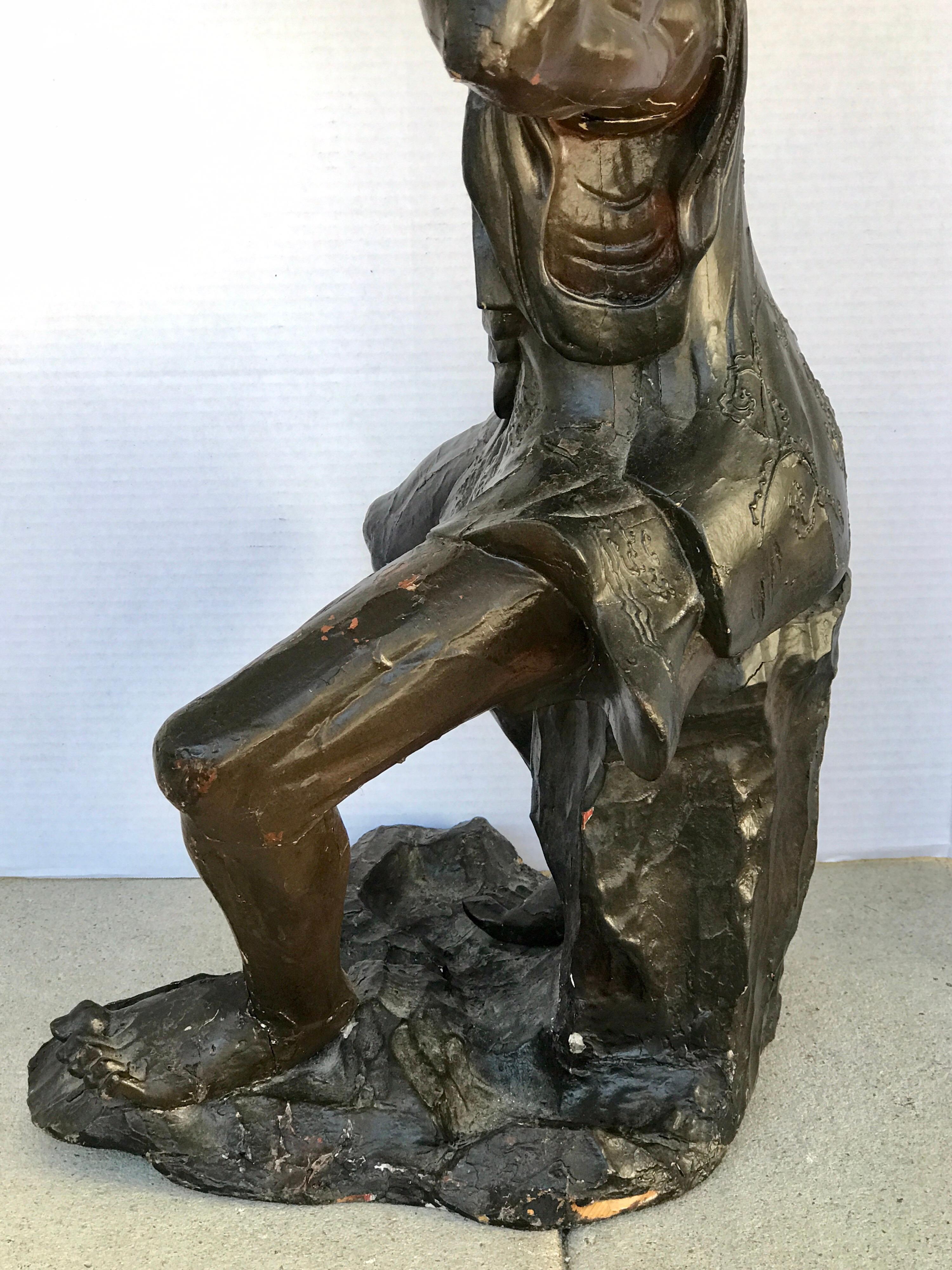 18th Century English Wood Carved Standing Chinese Attendant with Lotus Bowl For Sale 6
