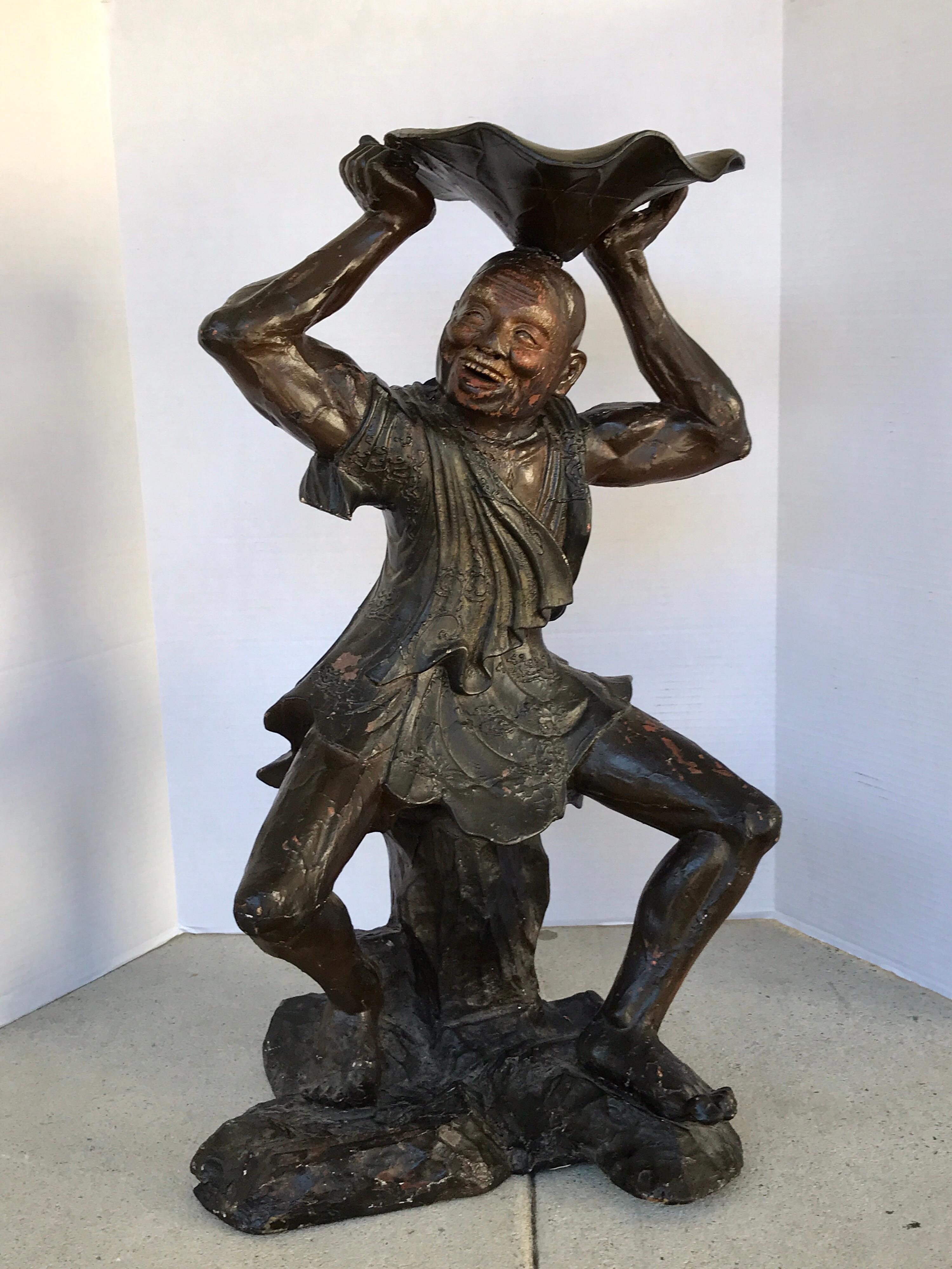 18th Century English Wood Carved Standing Chinese Attendant with Lotus Bowl For Sale 10