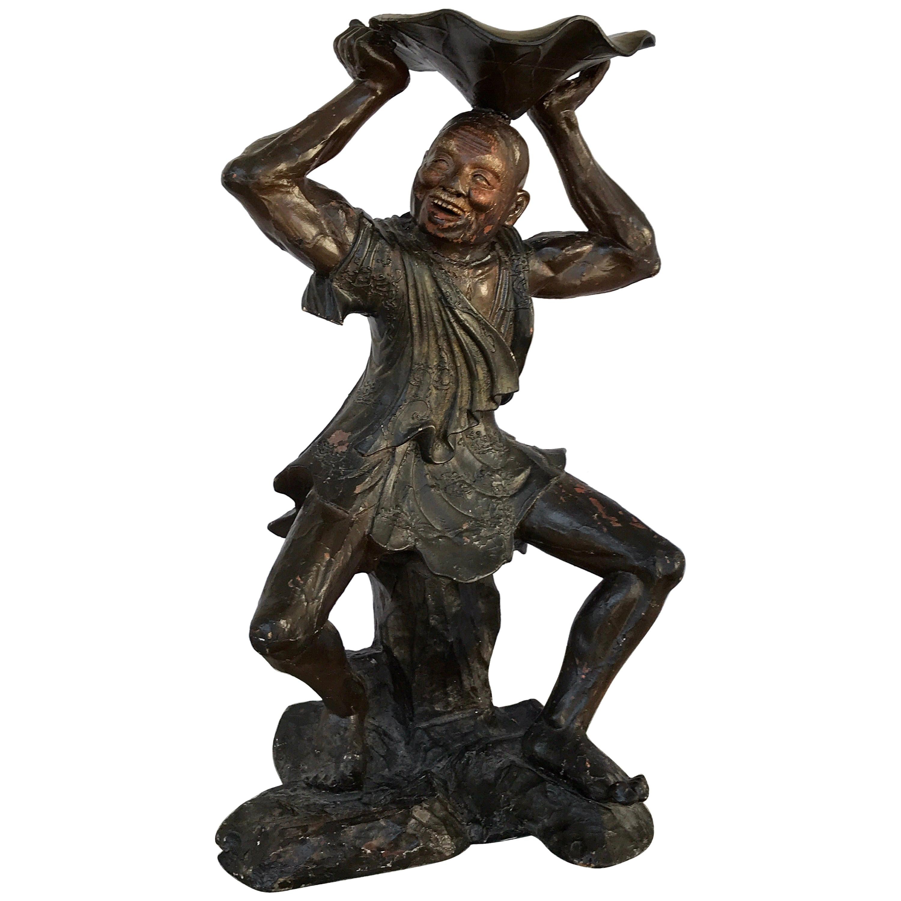 18th Century English Wood Carved Standing Chinese Attendant with Lotus Bowl For Sale