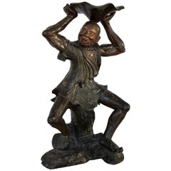 18th Century English Wood Carved Standing Chinese Attendant with Lotus Bowl