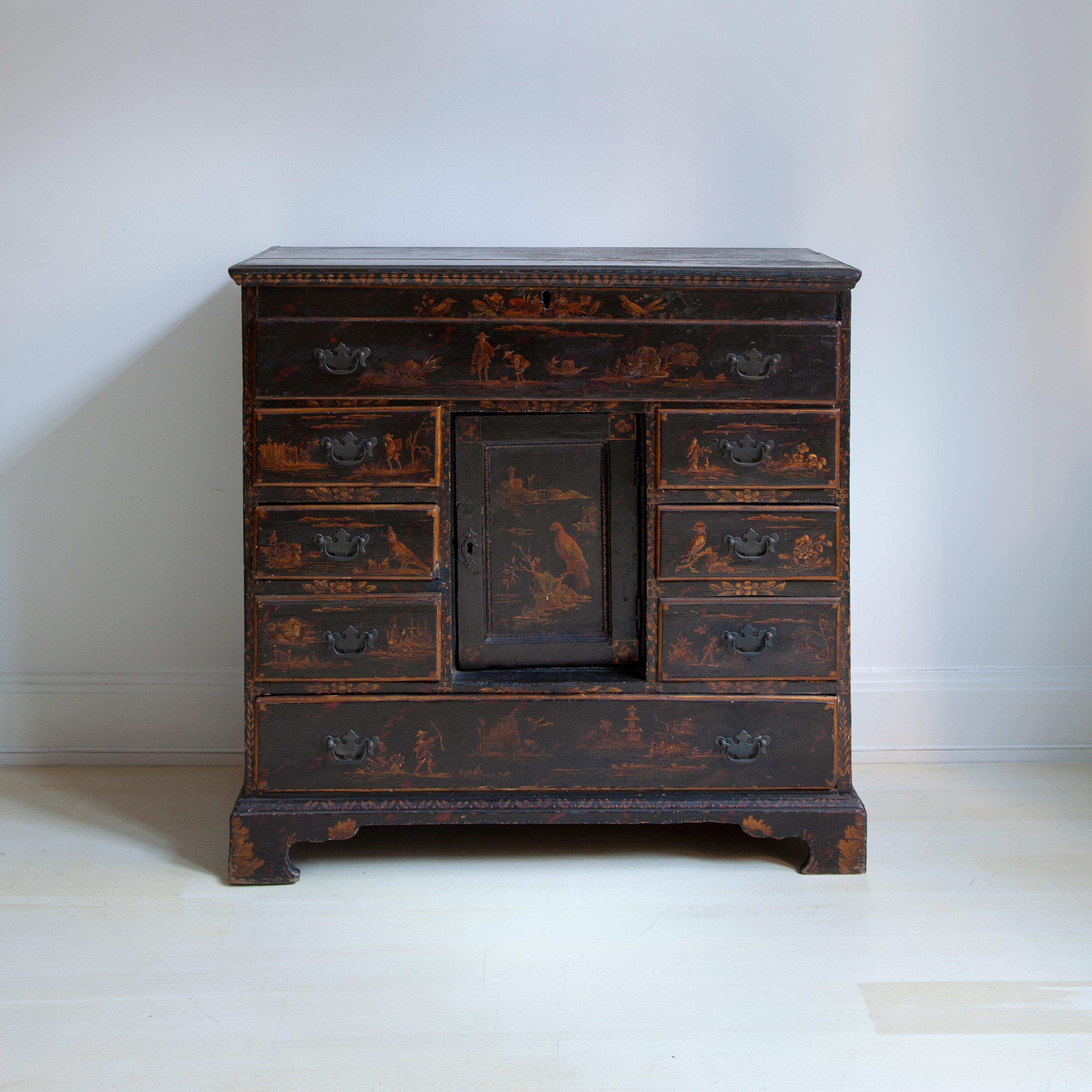 Lacquered 18th Century English Wood Chest with Chinoiserie and Floral Motifs