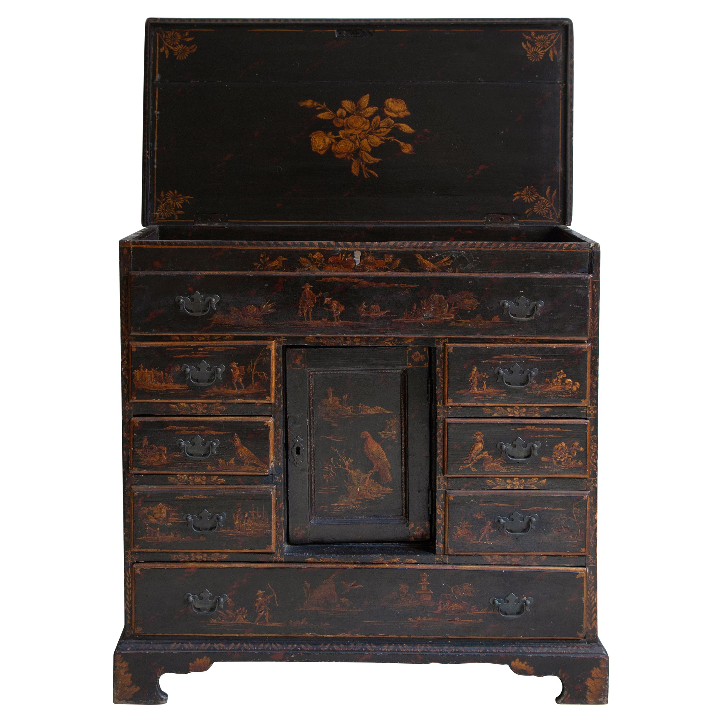 18th Century English Wood Chest with Chinoiserie and Floral Motifs