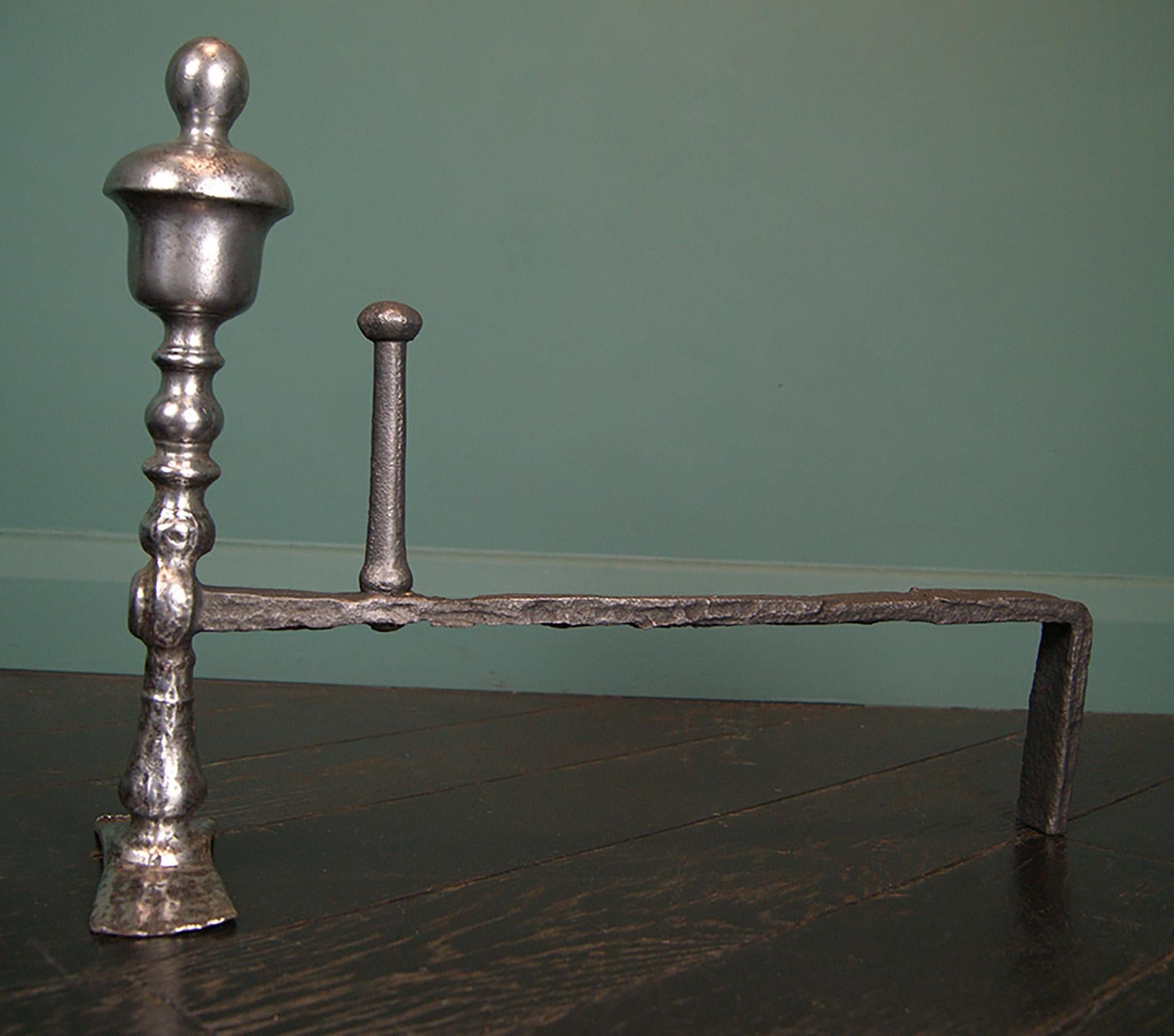 Polished 18th Century English Wrought Fireplace Fire Dogs Andirons
