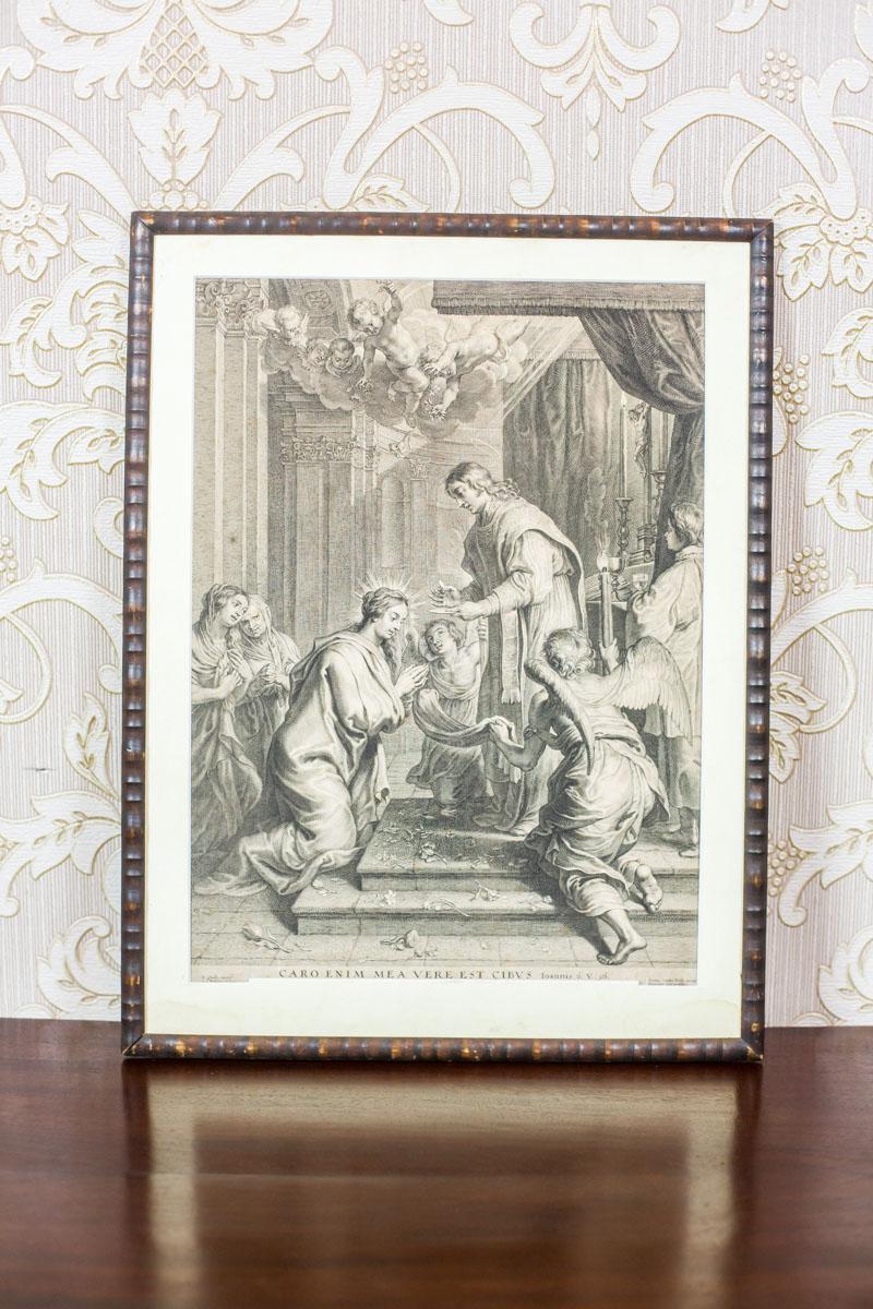 Nous vous présentons une gravure basée sur une peinture d'un peintre flamand, Erasmus Quellin (1607-1678).
Le modèle a été réalisé par Schelte Adams Bolswert (1581-1659).
Le tout est fermé dans un cadre en bois avec passe-partout.

Cette œuvre