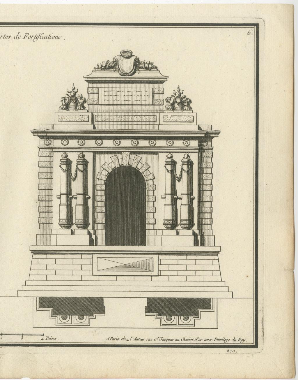 Engraved 18th Century Engraving Neoclassical Fortified Gateways by Neufforge, Circa 1770 For Sale