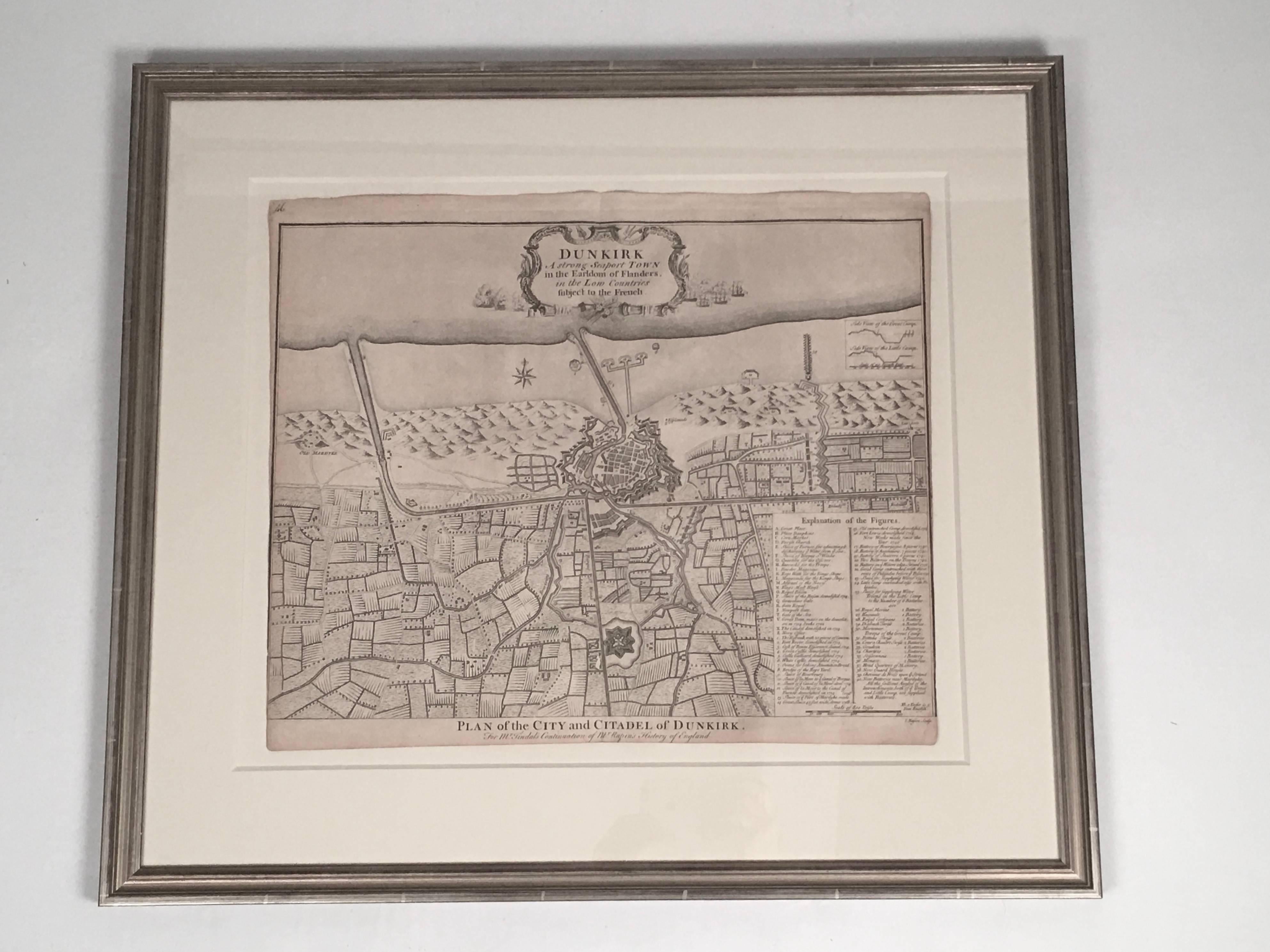 An 18th century engraving of the city and citadel of Dunkirk, France from Mr. Tindal's Continuation of Rapin's History of England, circa 1750s, new, museum quality achival framing matte floated on 8 ply acid board in a silvered wood frame with