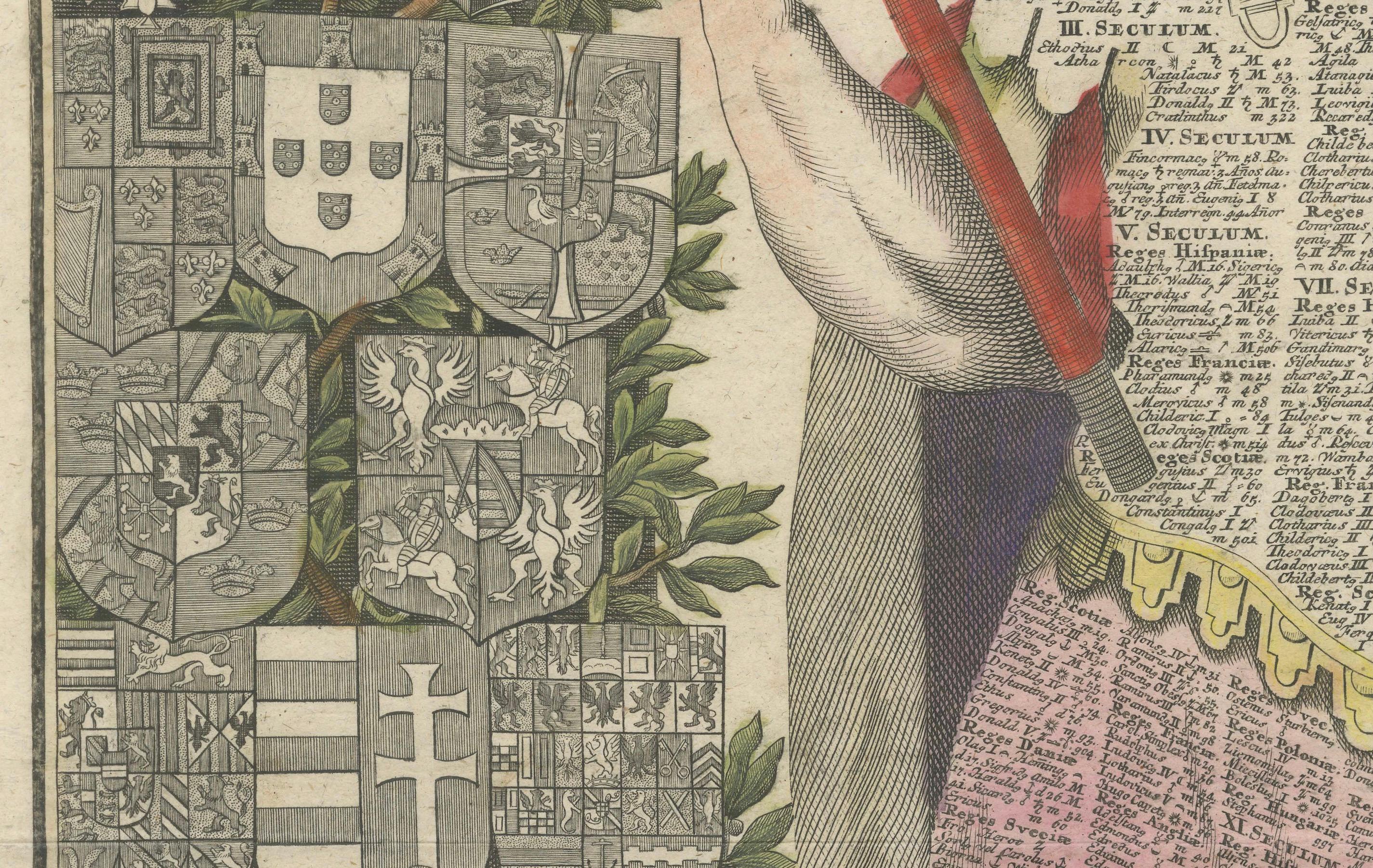 Paper 18th-Century Engraving of European Monarchies with Heraldry and Imperial Regalia For Sale