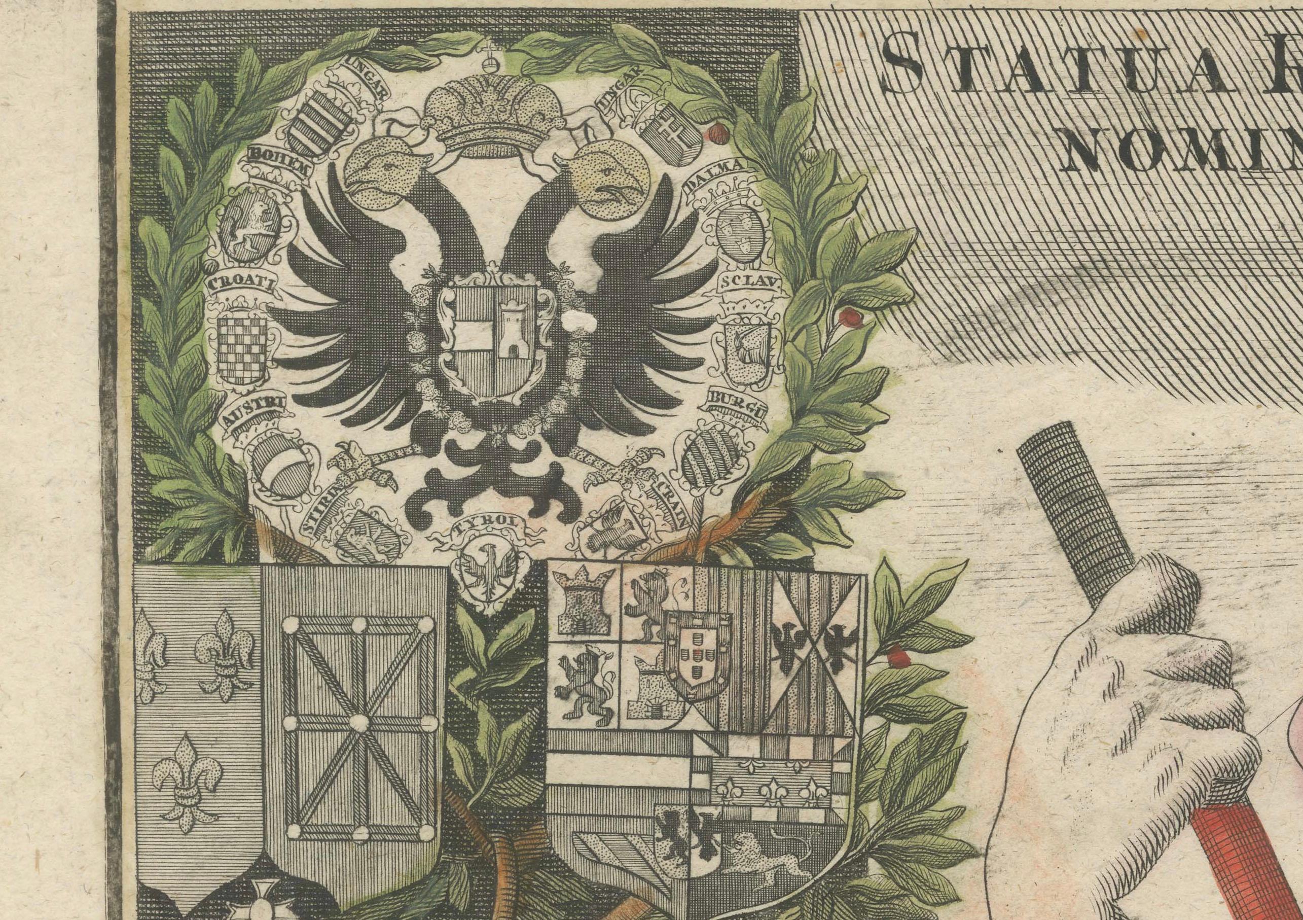 18th-Century Engraving of European Monarchies with Heraldry and Imperial Regalia For Sale 1