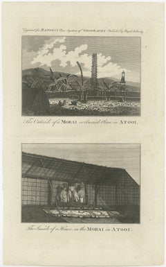 18th-Century Engraving of Hawaiian Morai and House Interior, c. 1780s