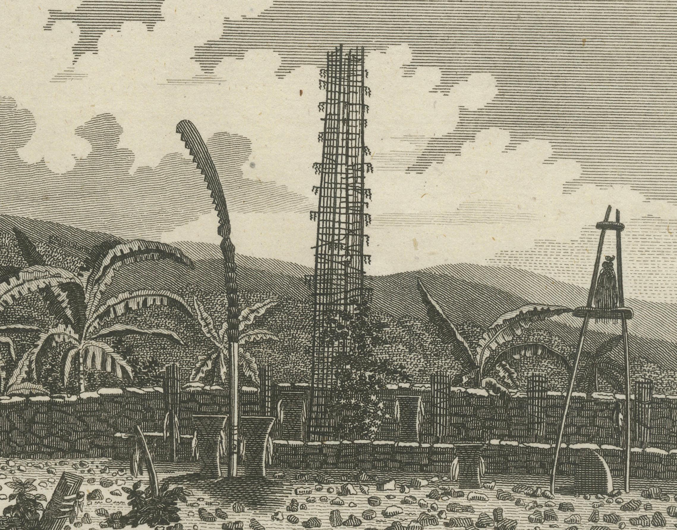 Engraved 18th-Century Engraving of Hawaiian Morai and House Interior, c. 1780s For Sale
