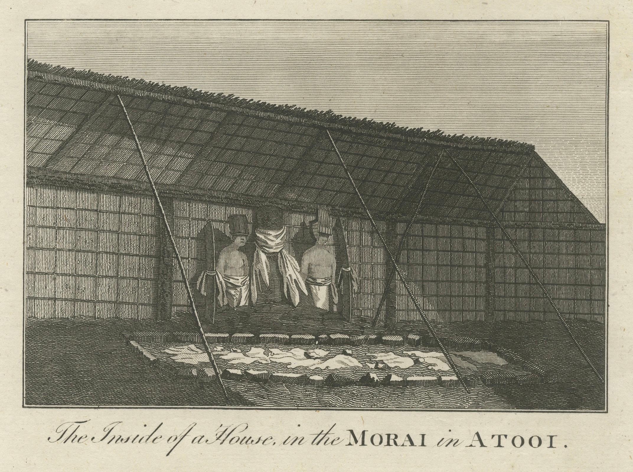Late 18th Century 18th-Century Engraving of Hawaiian Morai and House Interior, c. 1780s For Sale