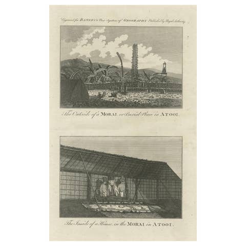 18th-Century Engraving of Hawaiian Morai and House Interior, c. 1780s