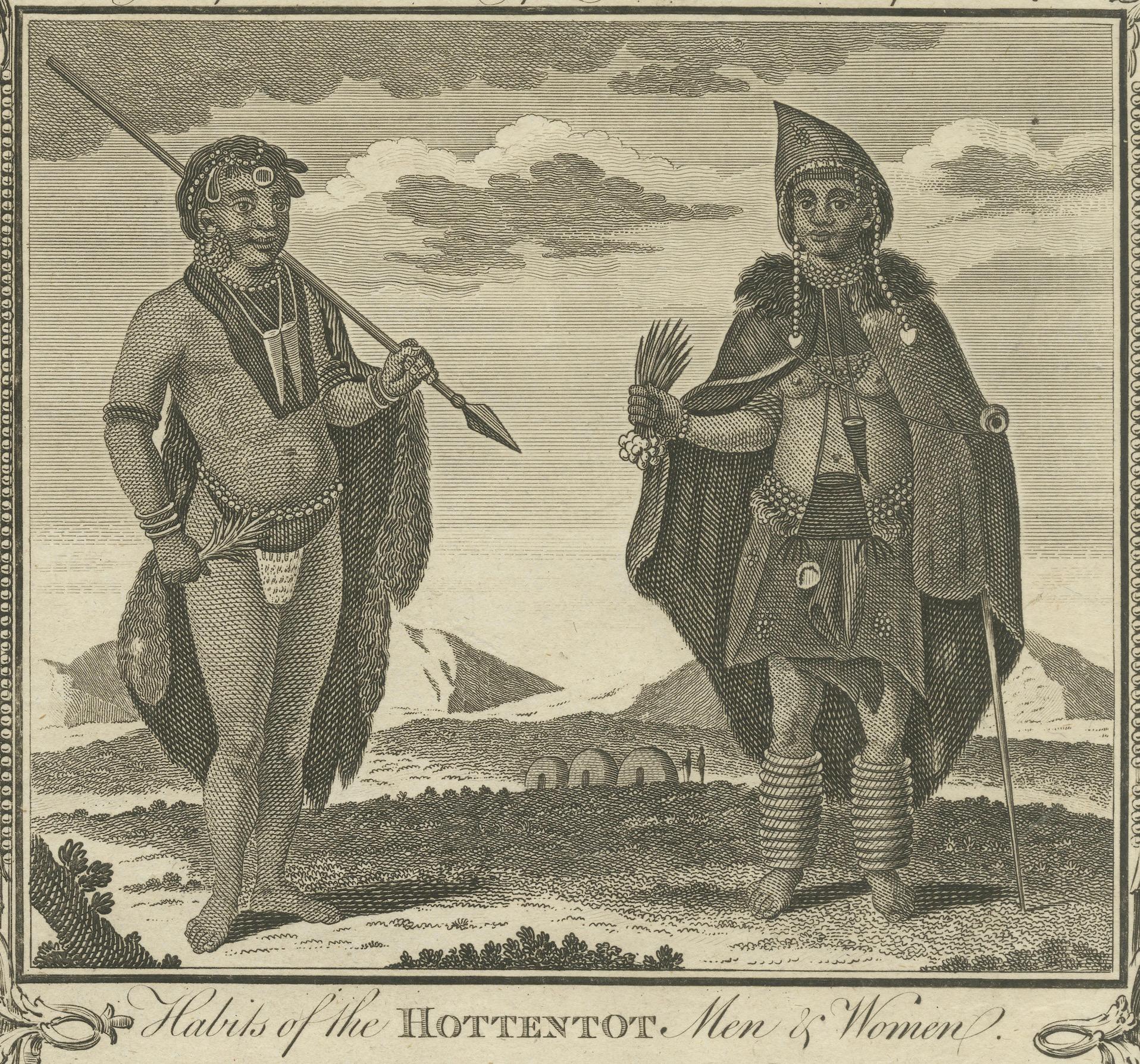 Engraved 18th-Century Engraving of Hottentots and Cape of Good Hope in South-Africa For Sale
