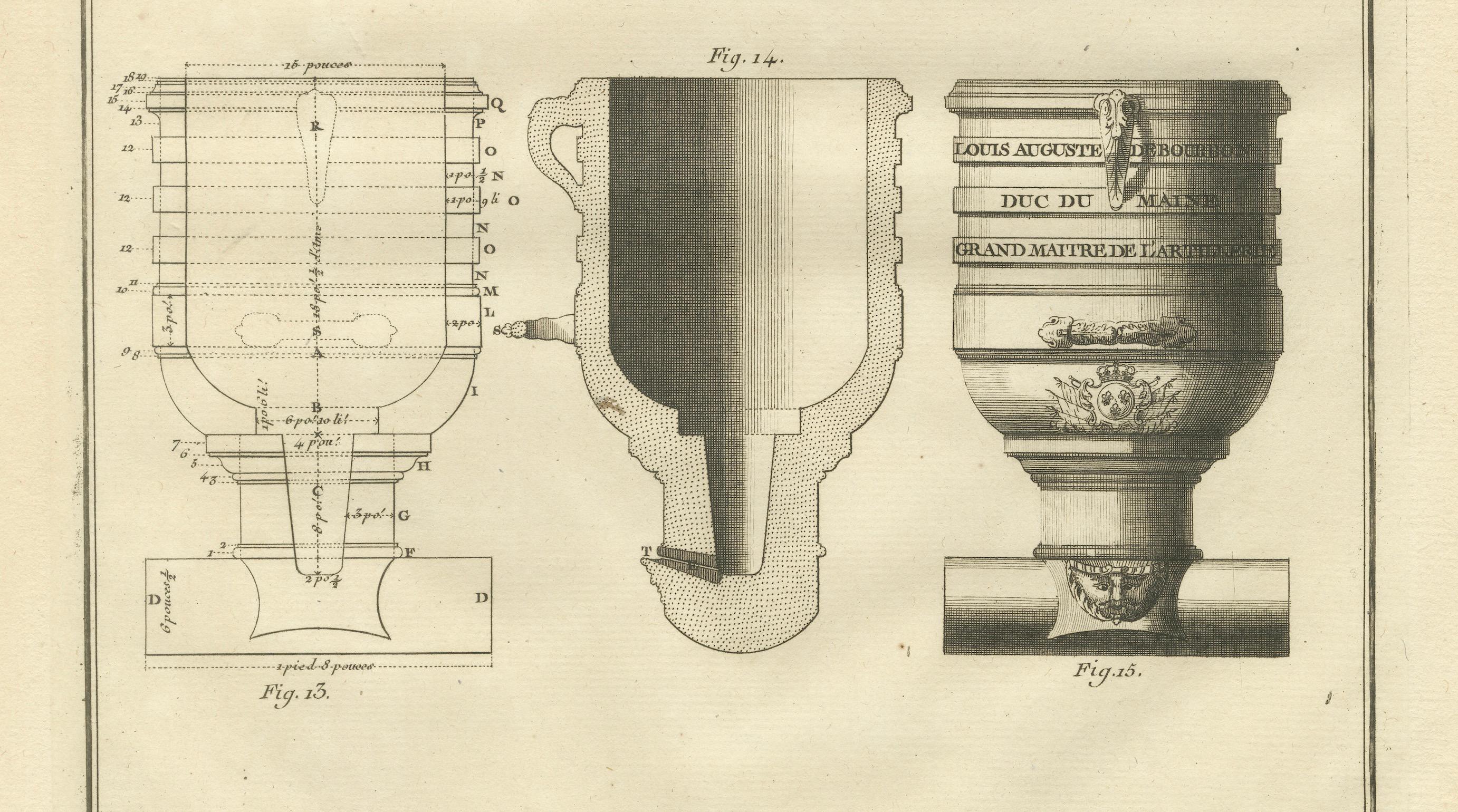 Kupferstich eines Mörser- und Haubitzen-Designs aus Diderots Encyclopédie aus dem 18. Jahrhundert (Spätes 18. Jahrhundert) im Angebot