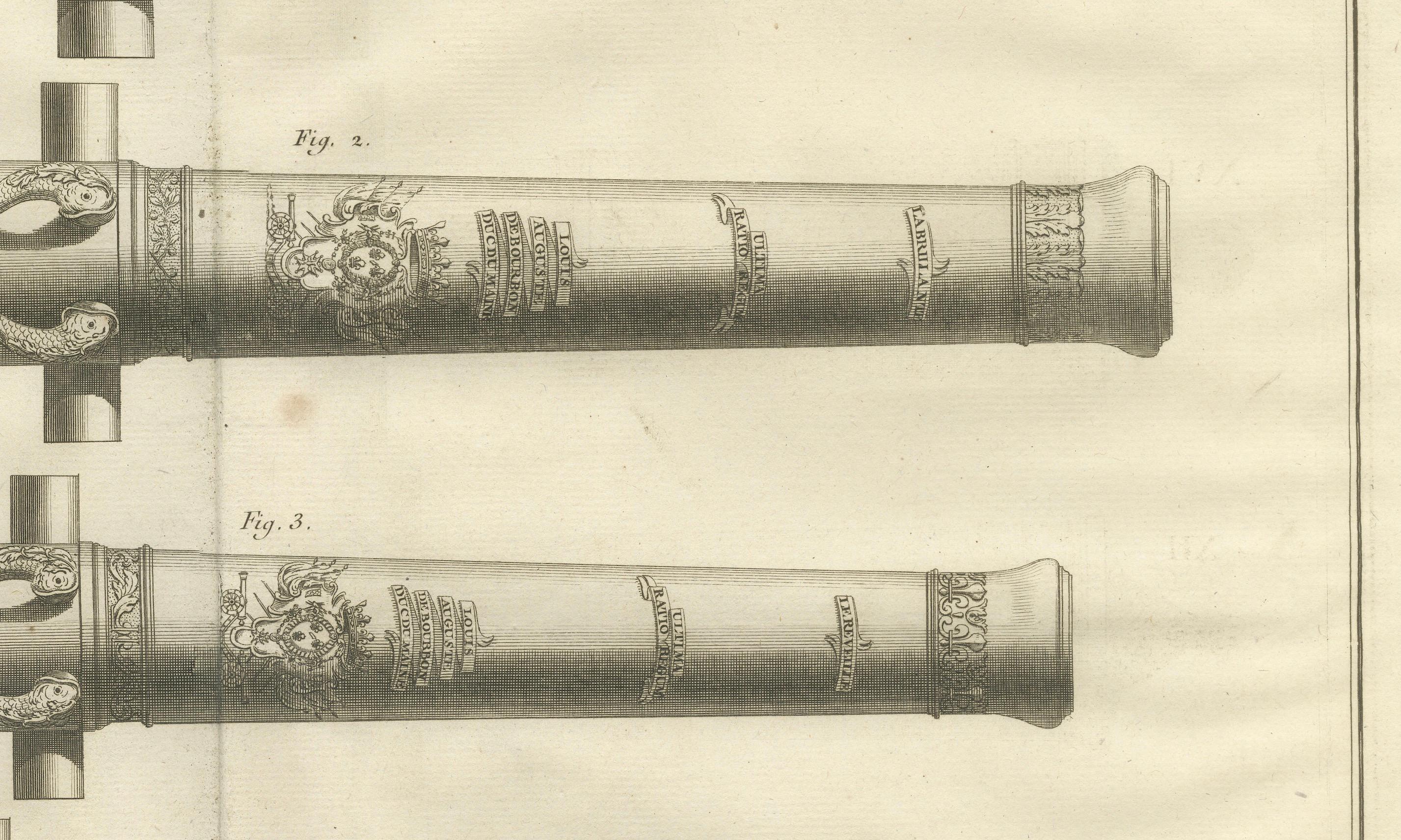18th Century Engraving of Ornate French Cannons from Diderot’s Encyclopédie, circa 1770  

This exceptional 18th-century engraving, titled Fonte des Canons, originates from Denis Diderot’s Encyclopédie, ou Dictionnaire raisonné des sciences, des