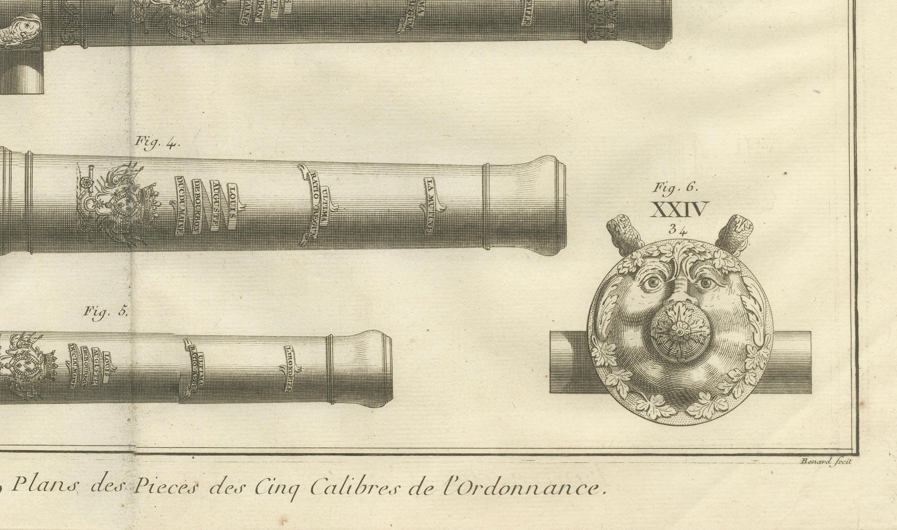 Engraved 18th Century Engraving of Ornate French Cannons, circa 1770 For Sale