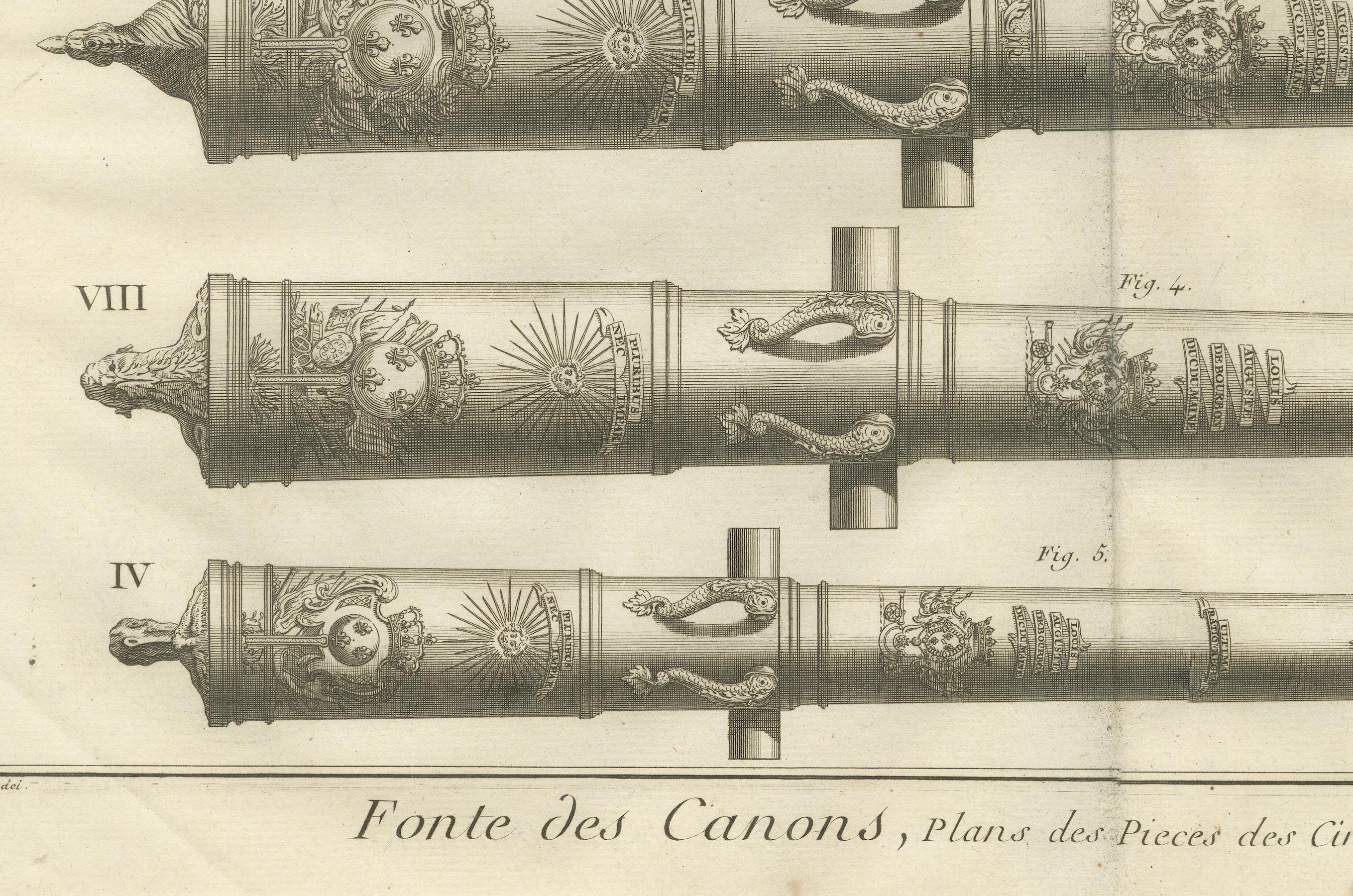 18th Century Engraving of Ornate French Cannons, circa 1770 In Good Condition For Sale In Langweer, NL