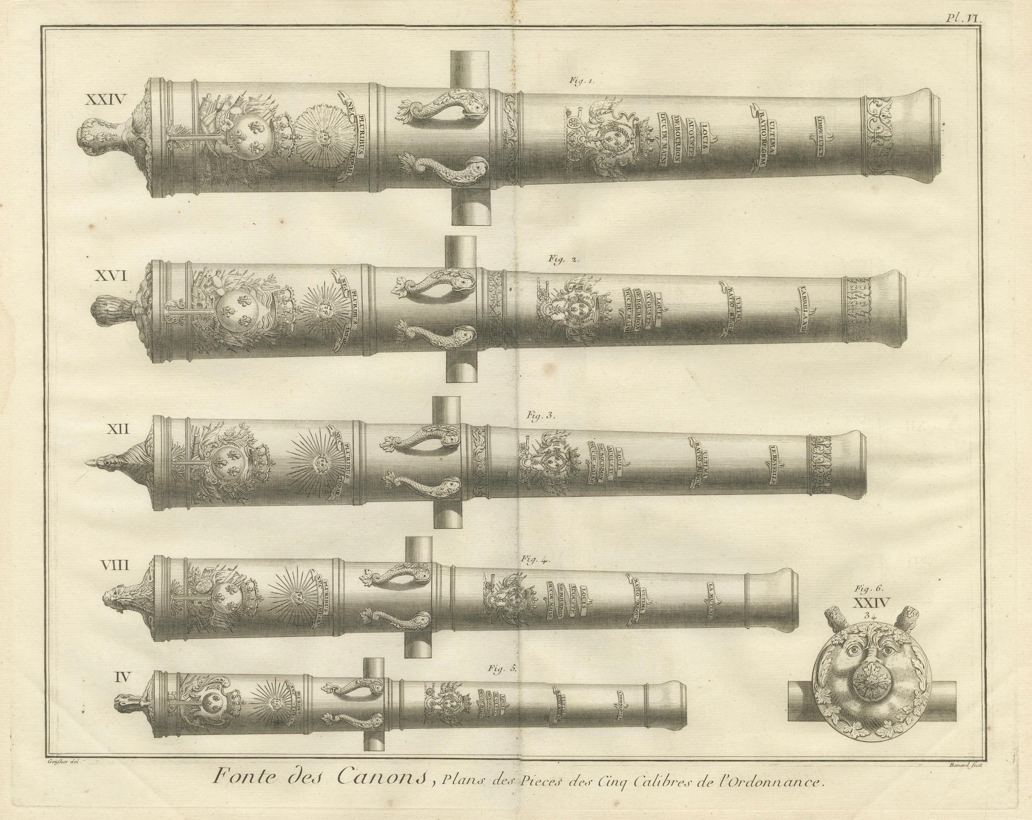 Paper 18th Century Engraving of Ornate French Cannons, circa 1770 For Sale