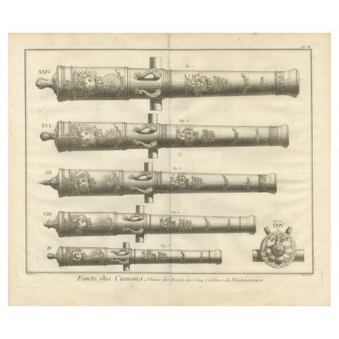 18th Century Engraving of Ornate French Cannons, circa 1770